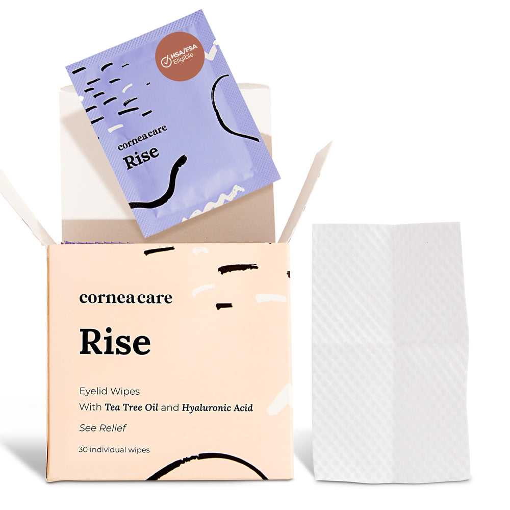 CorneaCare Rise front packaging showing 30-count wipes and clear benefits