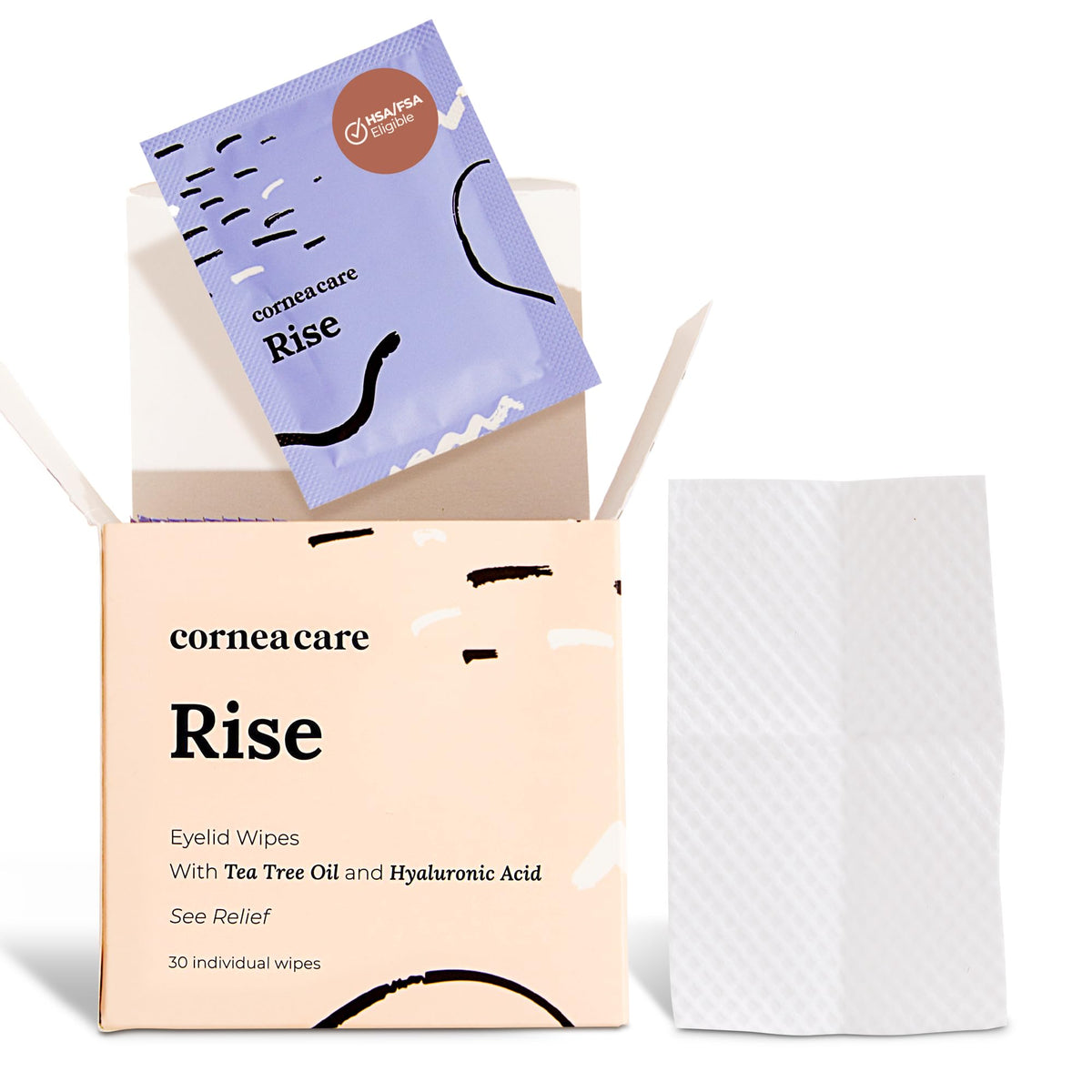 CorneaCare Rise front packaging showing 30-count wipes and clear benefits