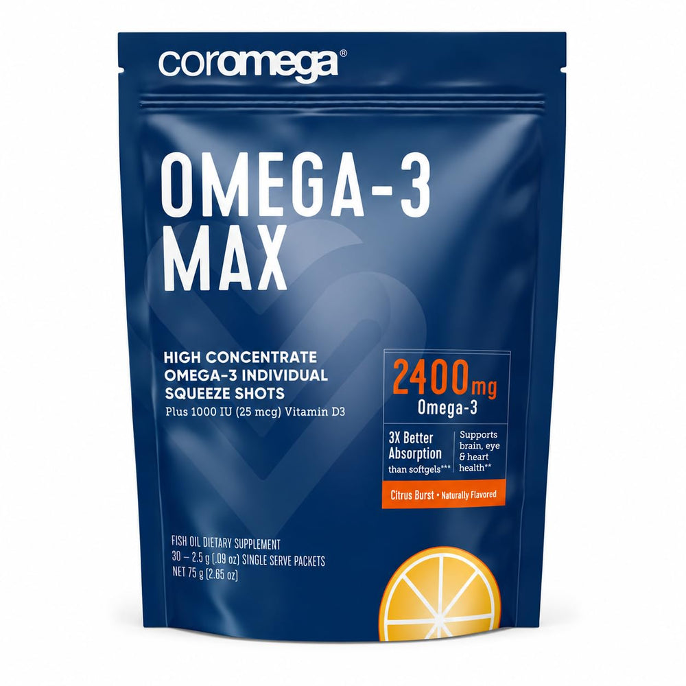 Coromega MAX front packaging showing citrus burst and packet count, clear benefit of portability