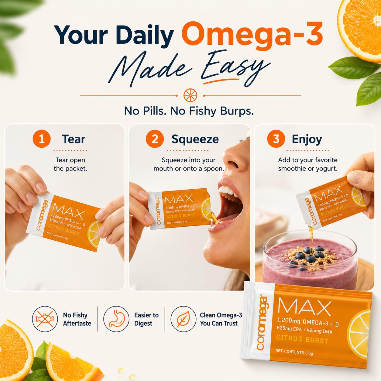 Coromega MAX packet added to yogurt illustrating simple mixing and flavor enhancement