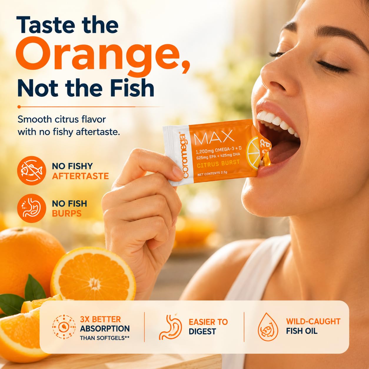 Macro view of Coromega MAX emulsified texture showing smooth blend for faster absorption