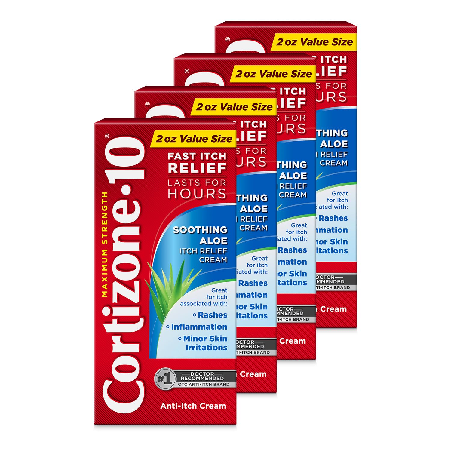 Cortizone 10 four-pack front packaging showing convenience and quick access