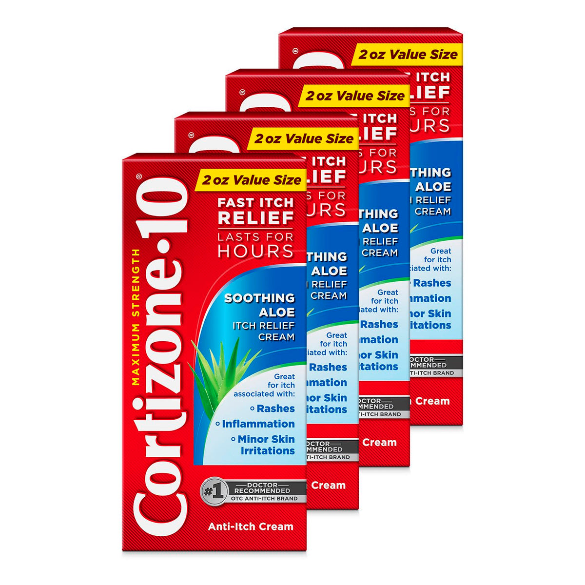 Cortizone 10 four-pack front packaging showing convenience and quick access
