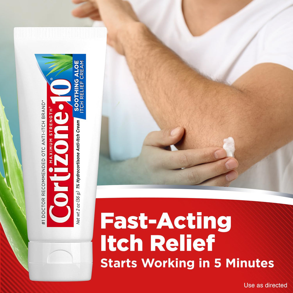 Cortizone 10 cream texture on fingertip showing smooth, soothing application
