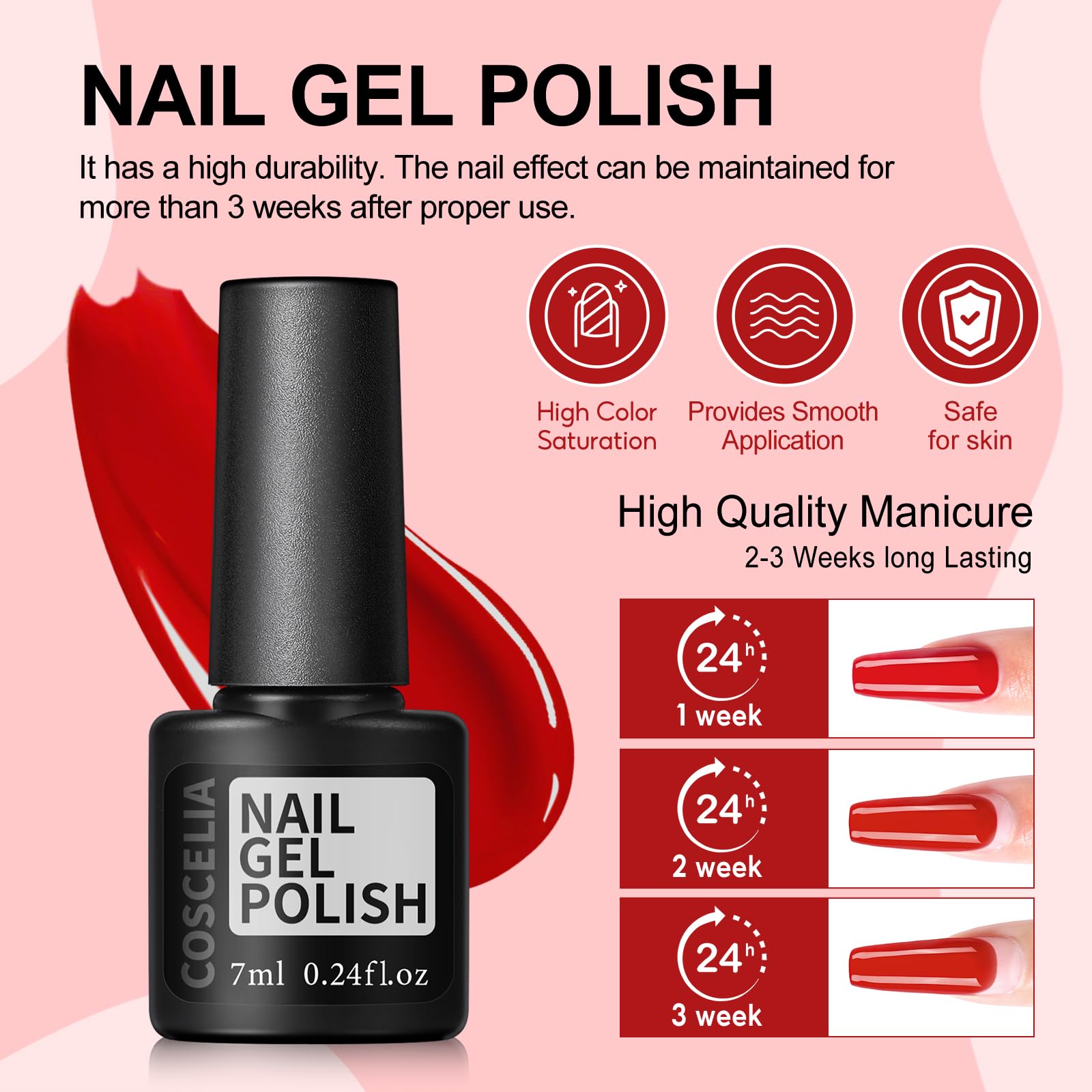 COSCELIA bottle label and cap detail highlighting polish quality and low-odor formula