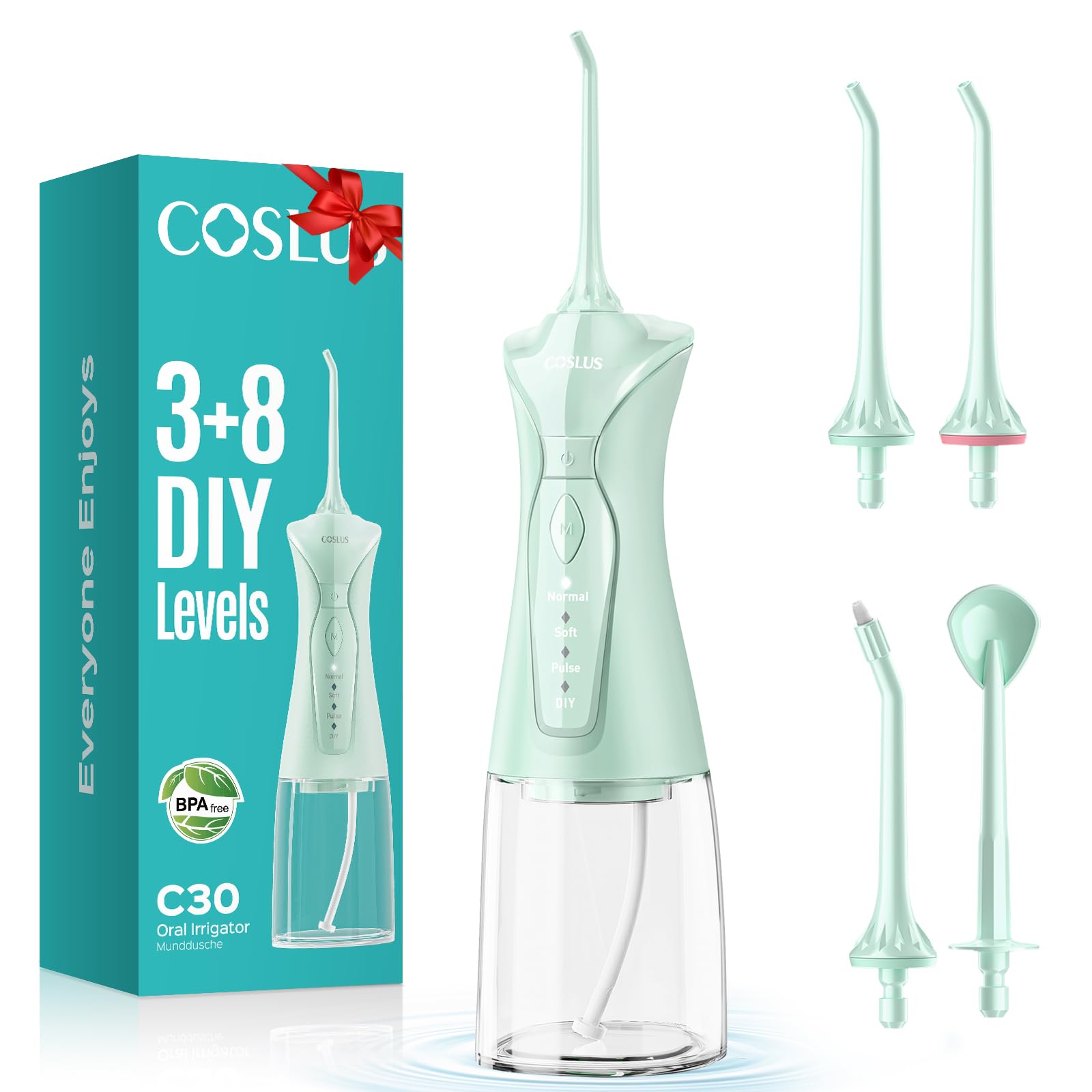 COSLUS C30 front view showing compact cordless flosser for easy cleaning