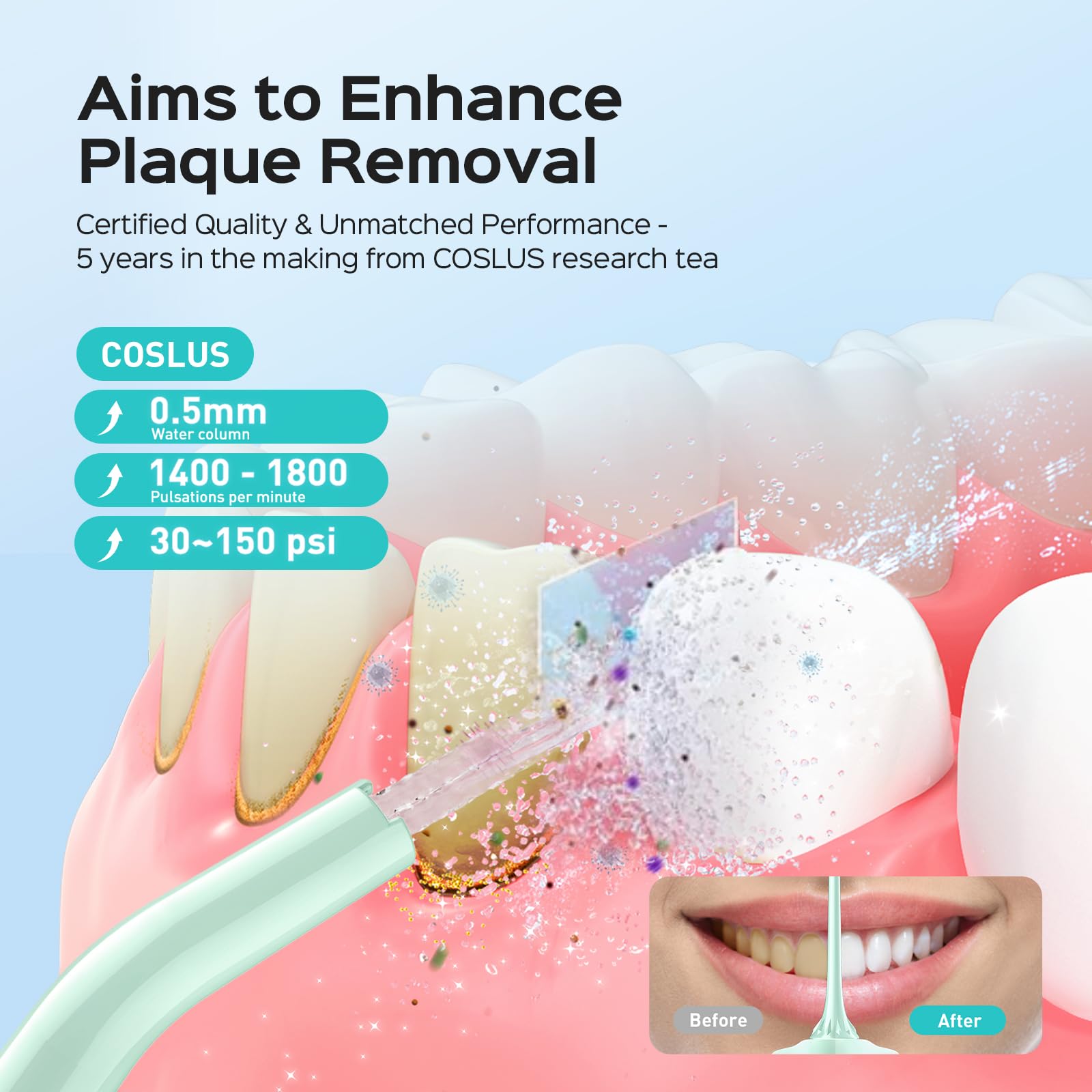 COSLUS precision nozzle close-up highlights targeted interdental benefit