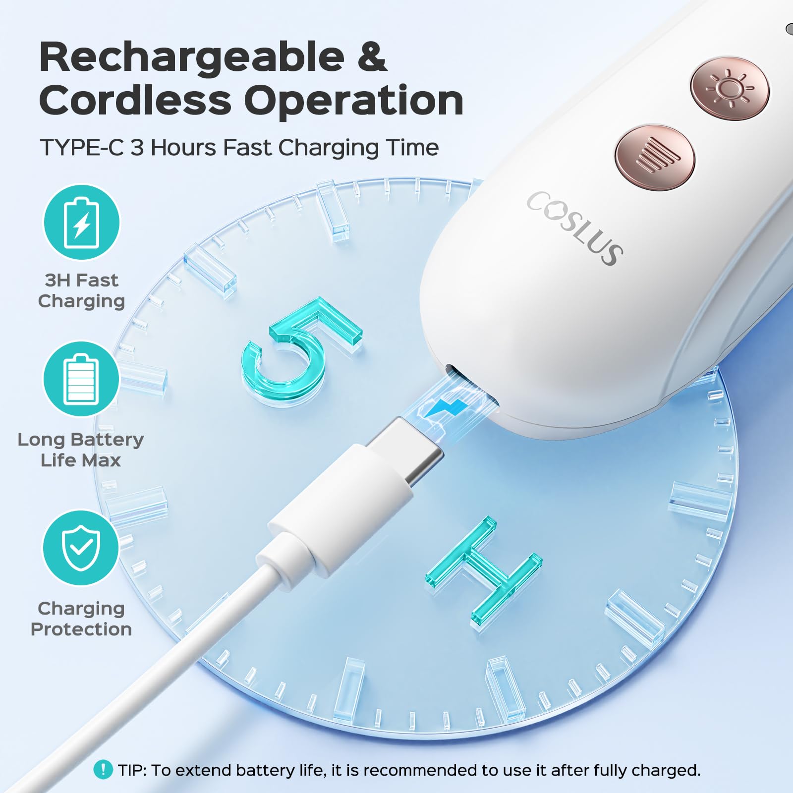 COSLUS C43 Type-C charging cable next to unit showing fast rechargeable power