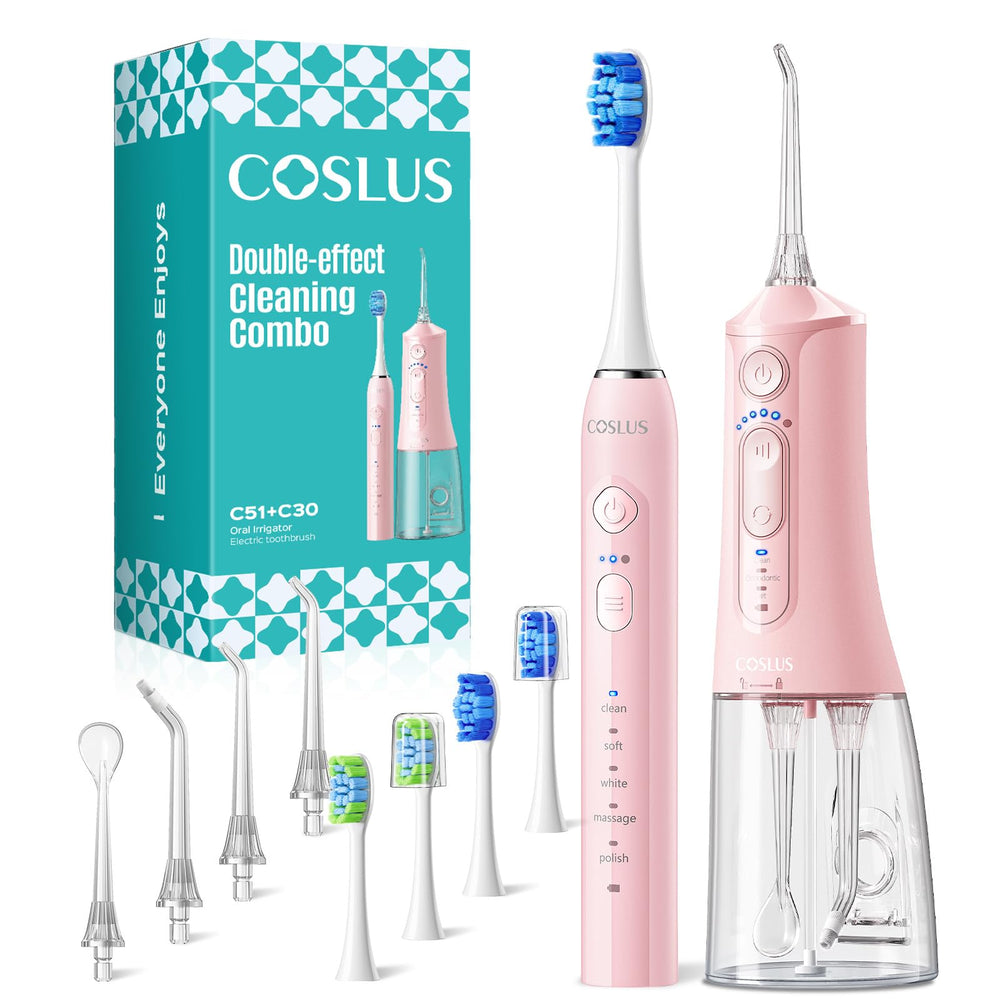 COSLUS front packaging showing the 2-in-1 oral care kit and travel case benefits