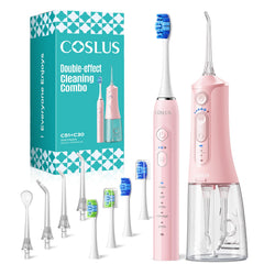 COSLUS front packaging showing the 2-in-1 oral care kit and travel case benefits