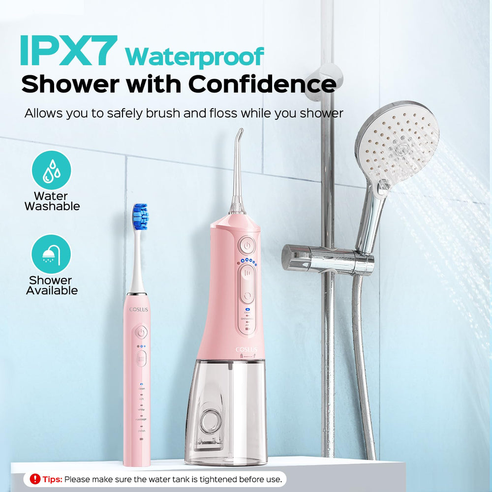 COSLUS toothbrush held in hand to show compact size and travel-ready convenience