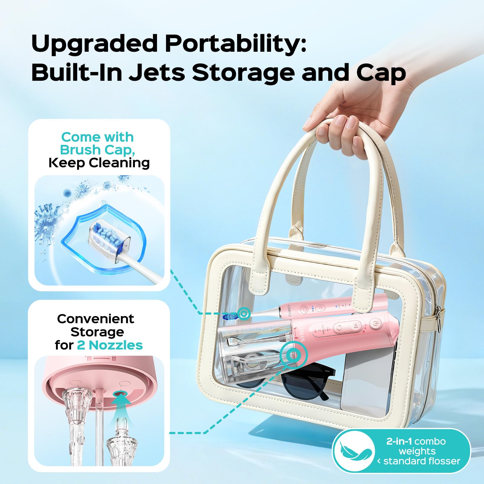 COSLUS travel storage open with nozzles and brush caps organized for easy packing