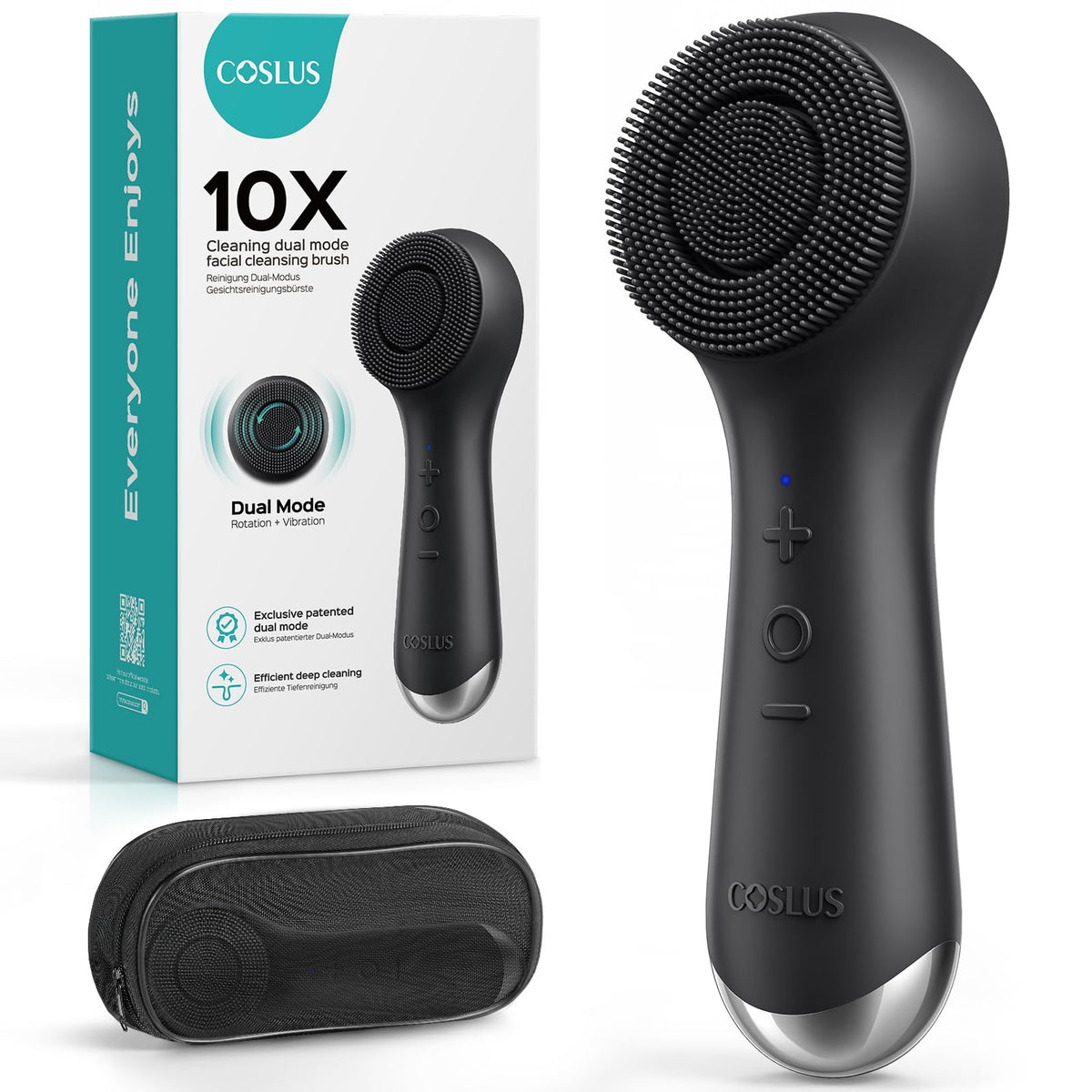 COSLUS FBS03 front view showing sleek silicone face scrubber and controls for travel convenience