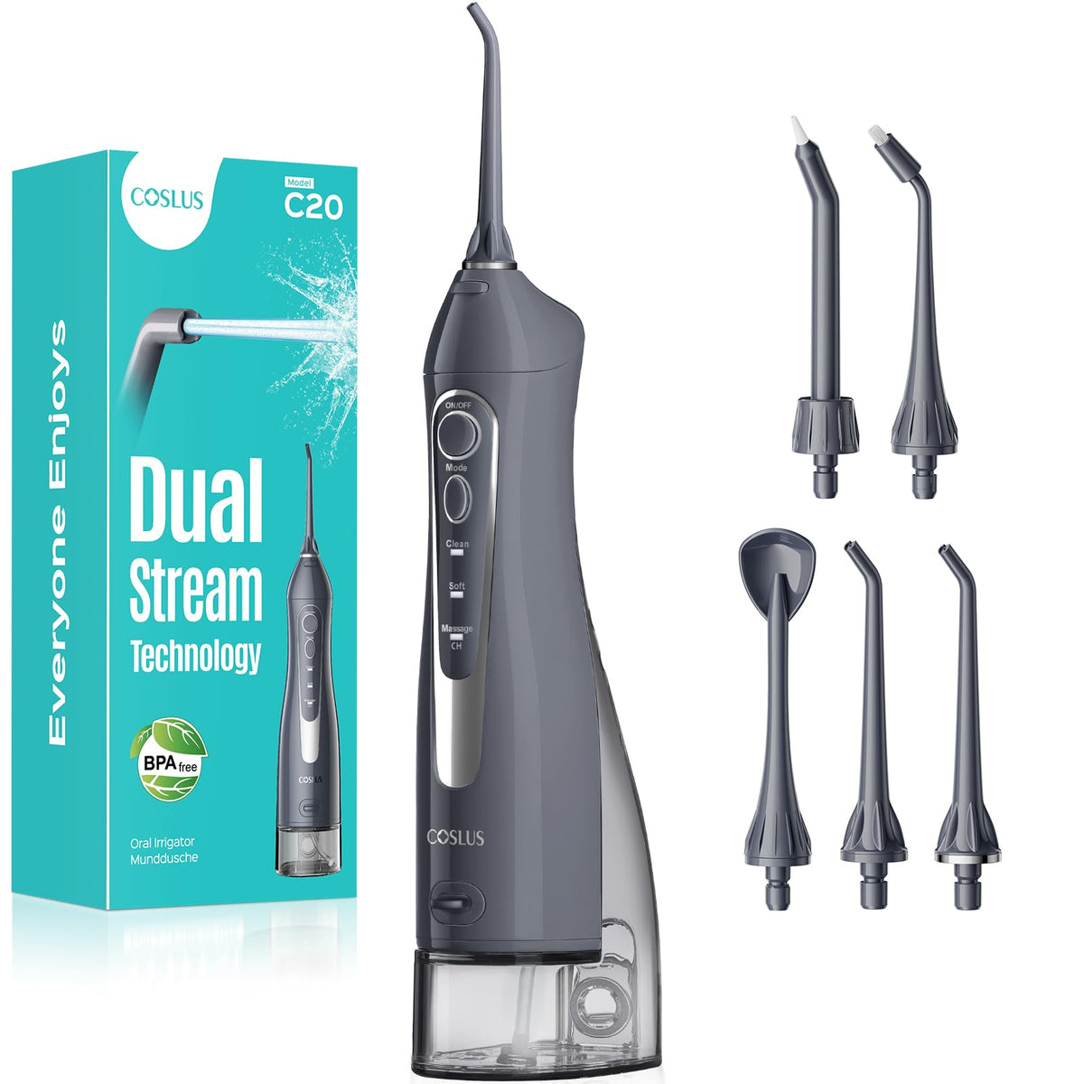 COSLUS front view showing compact flosser and power button for easy control