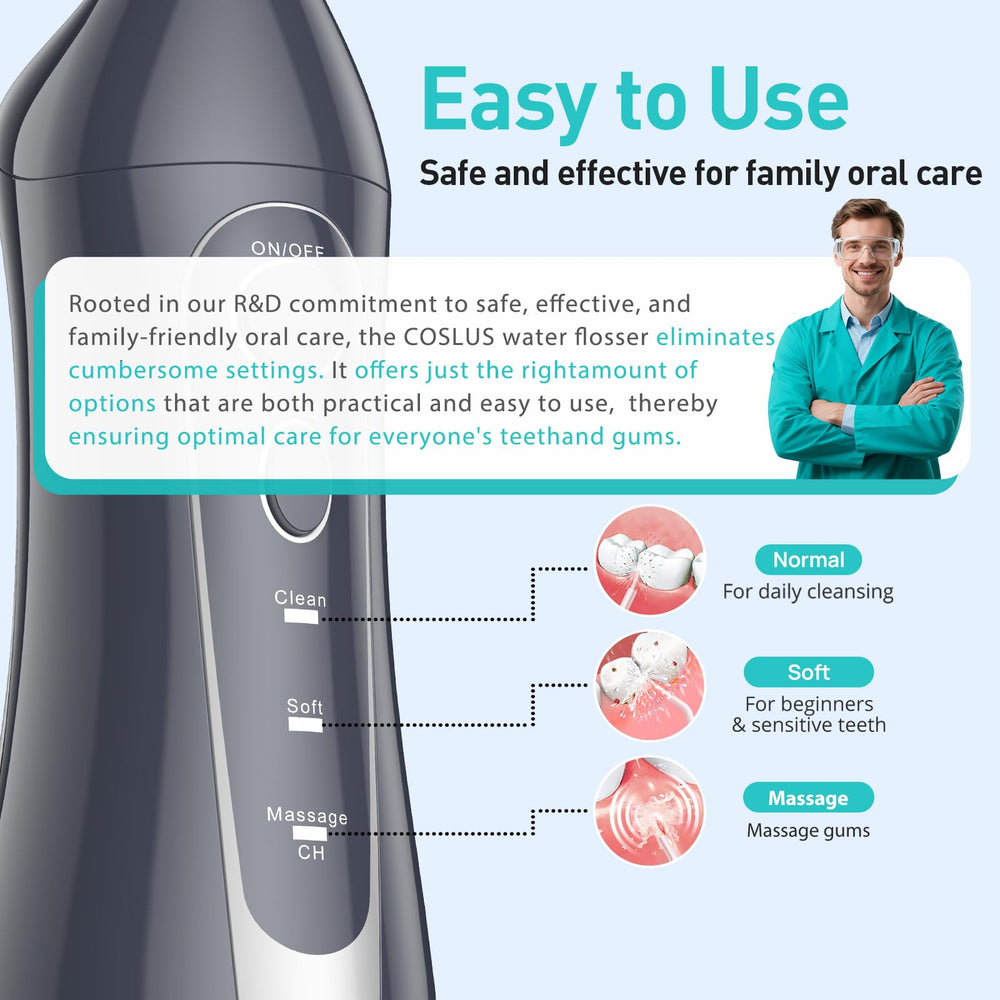 COSLUS in-use in bathroom demonstrating gentle, effective interdental cleaning