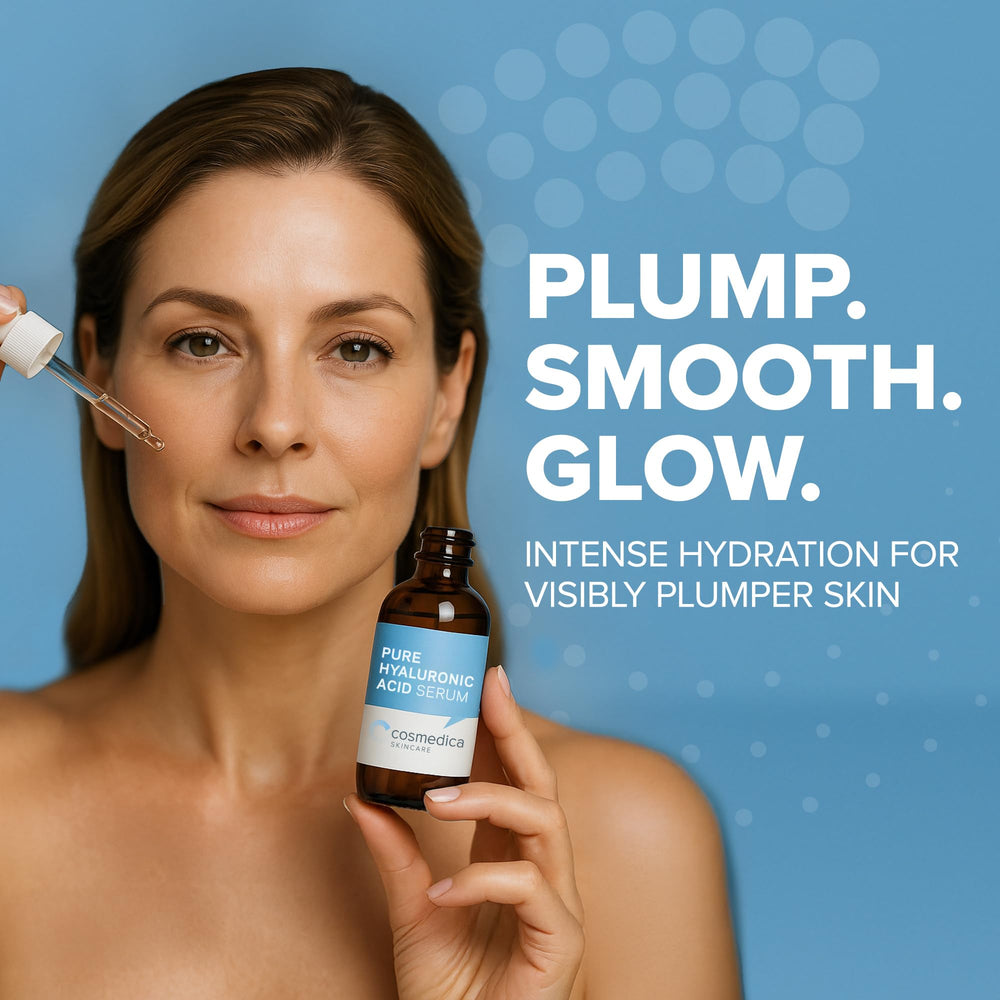 Cosmedica 4 fl oz bottle beside common items illustrating size and lasting supply benefit