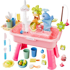 Cosminy front view showing complete pink water table and packaging benefit quick setup