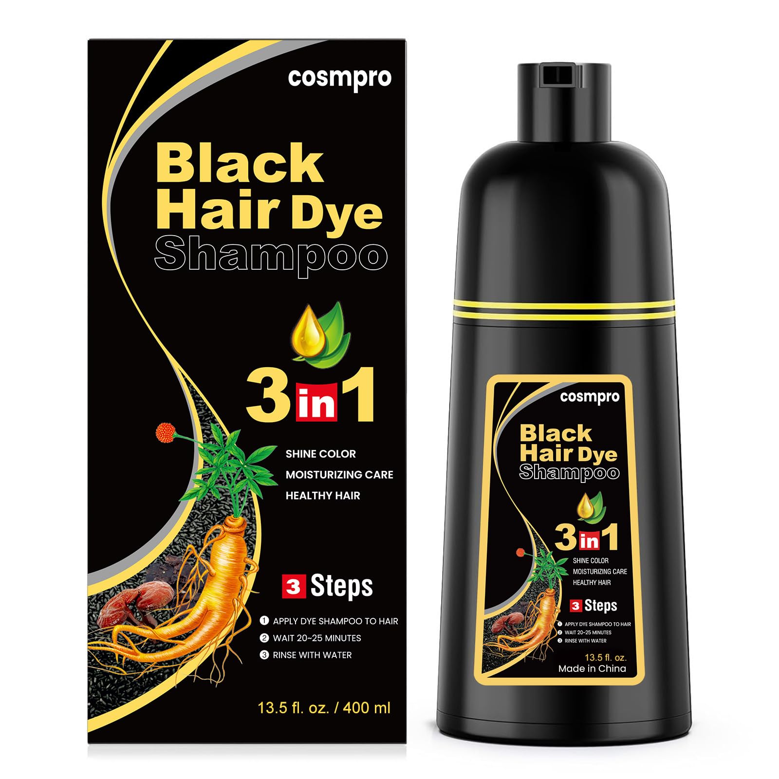 cosmpro front packaging showing shampoo bottle and black color benefit
