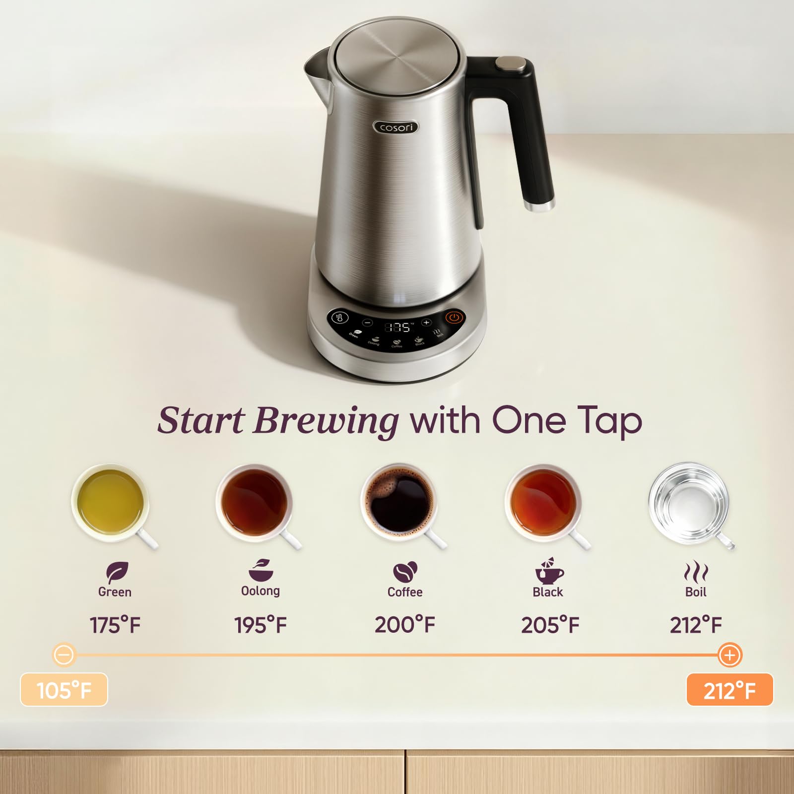Cosori close-up of lid and gooseneck-style spout highlighting drip-free pouring benefit