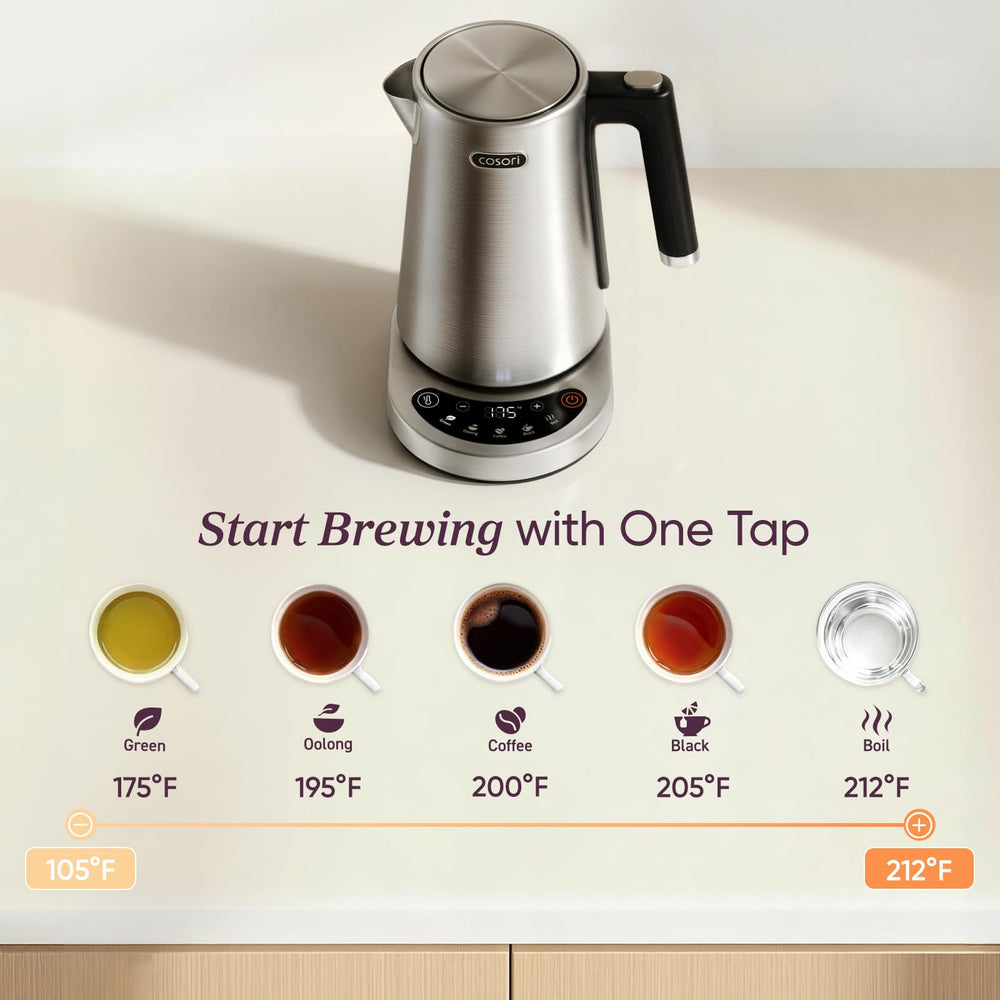 Cosori close-up of lid and gooseneck-style spout highlighting drip-free pouring benefit