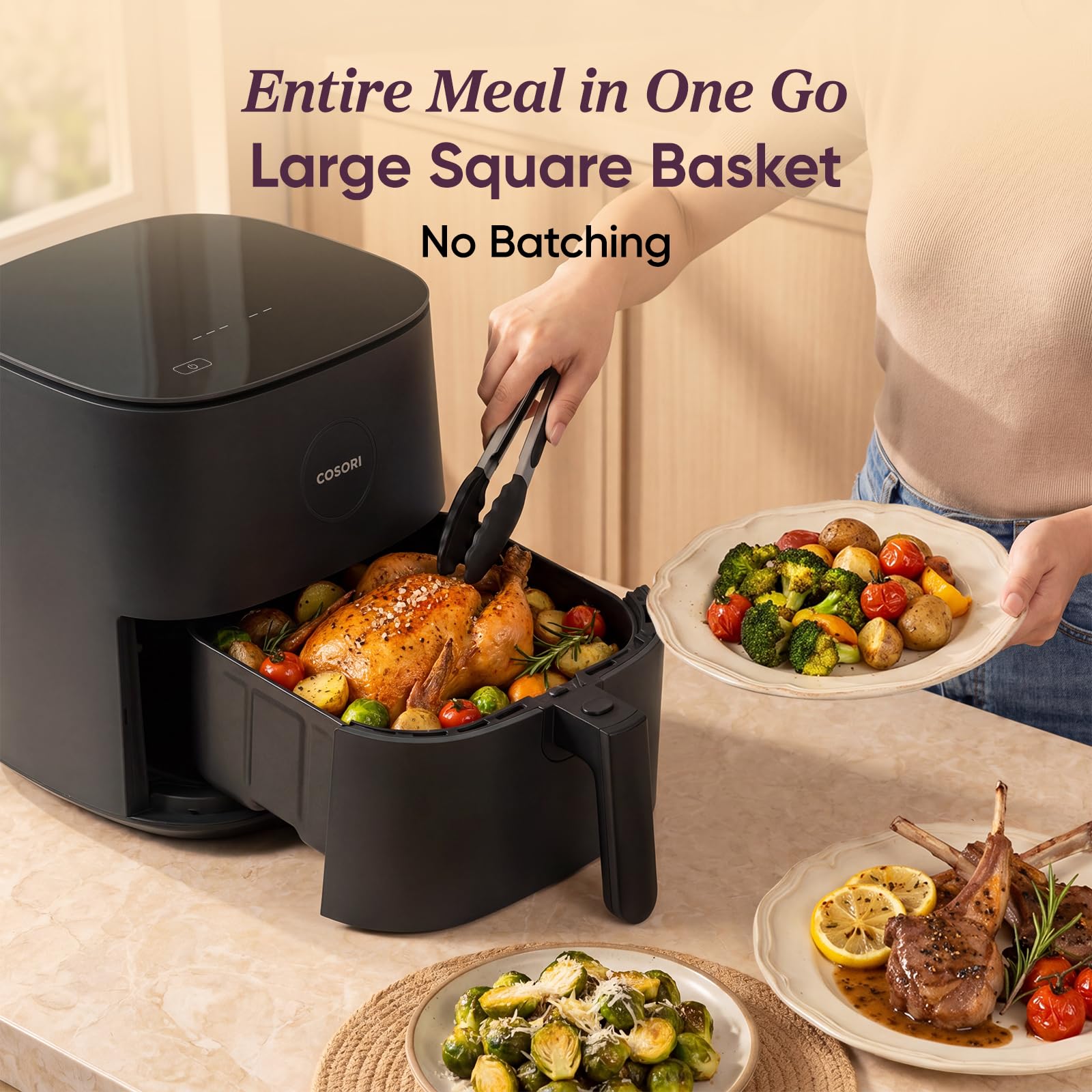 Cosori control panel presets display showing simple one-touch cooking benefits