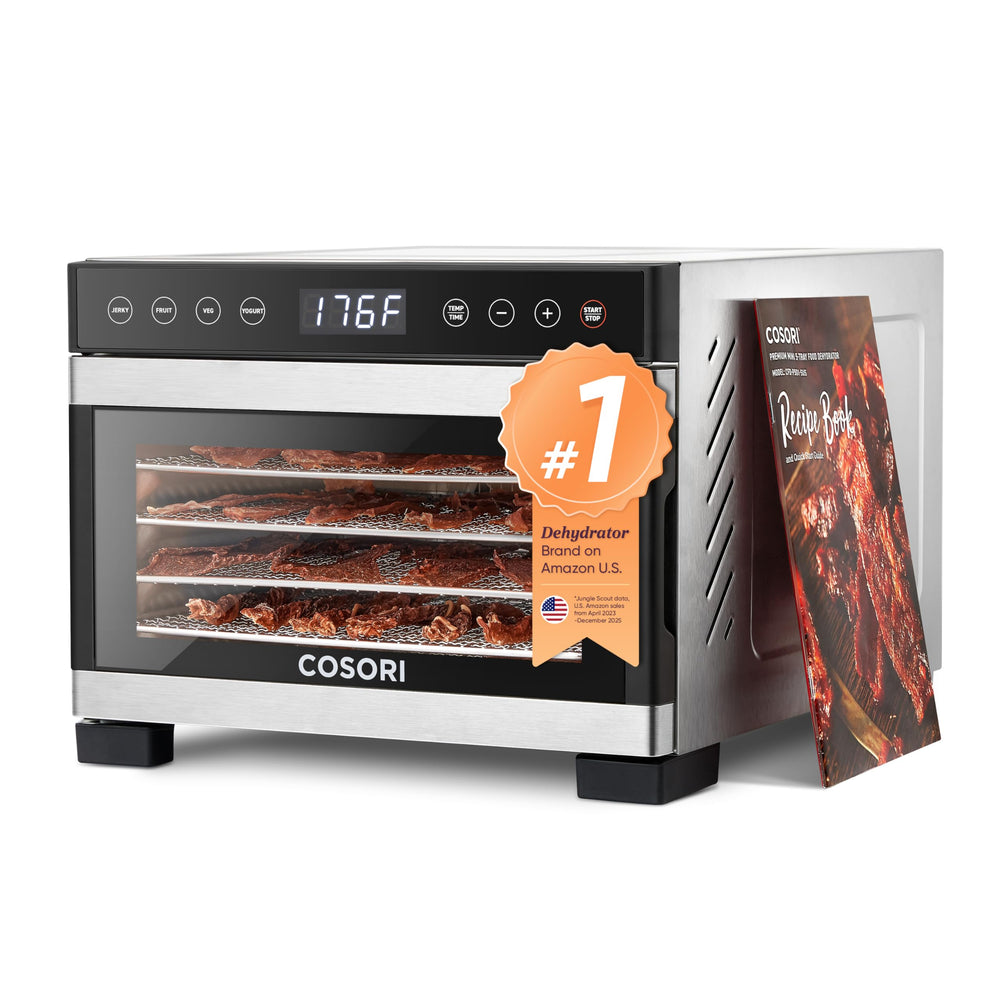 Cosori dehydrator front view showing compact stainless steel design and benefits