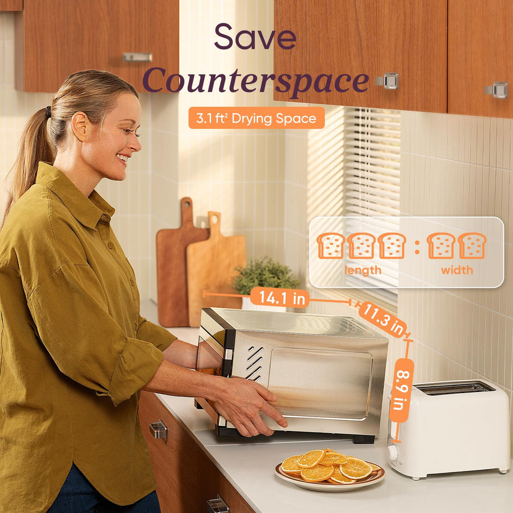 Cosori dehydrator on kitchen counter demonstrating space-saving convenience