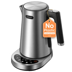Cosori front view stainless steel kettle showing sleek finish and fast heating benefit