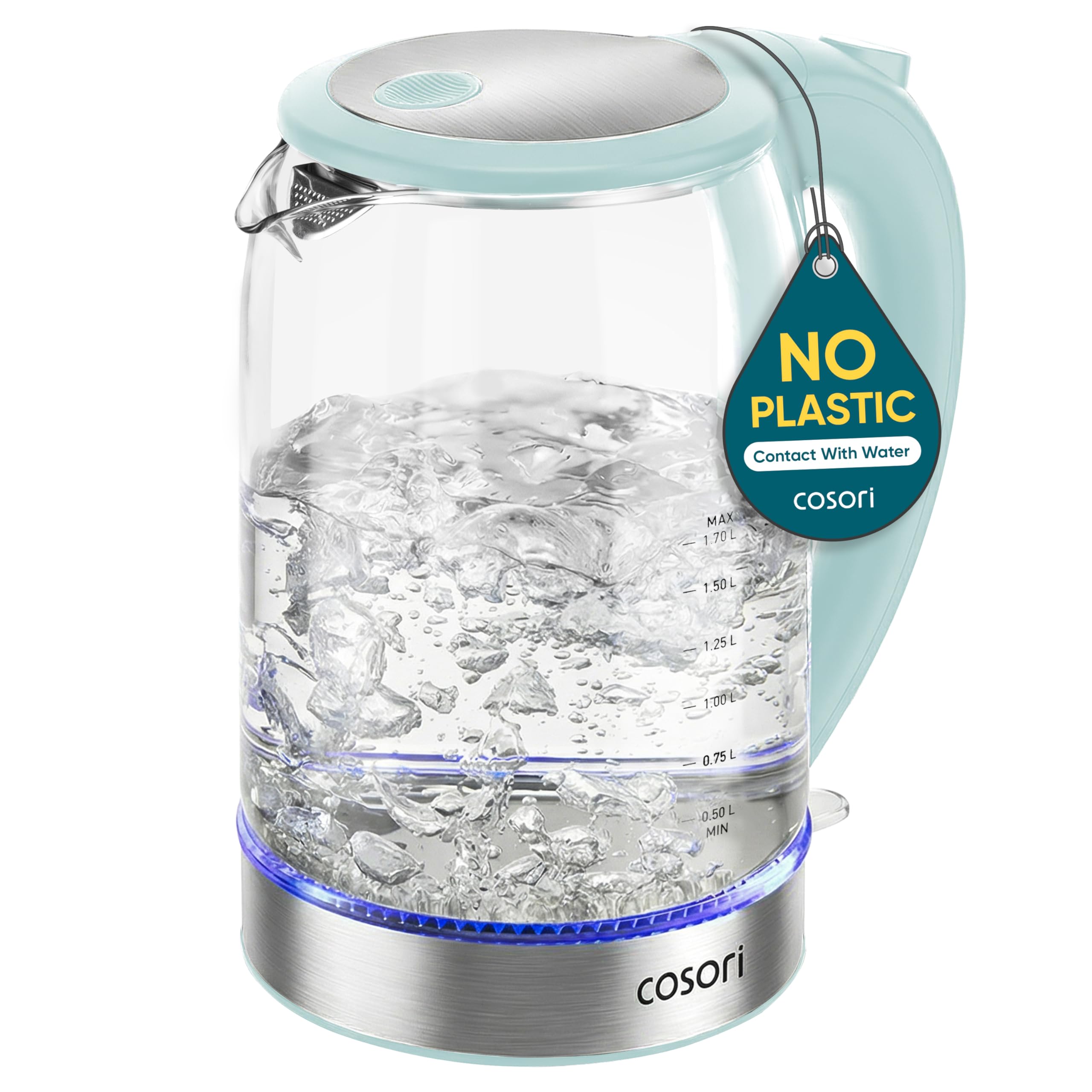 Cosori front view in green showing sleek design and quick boil benefit