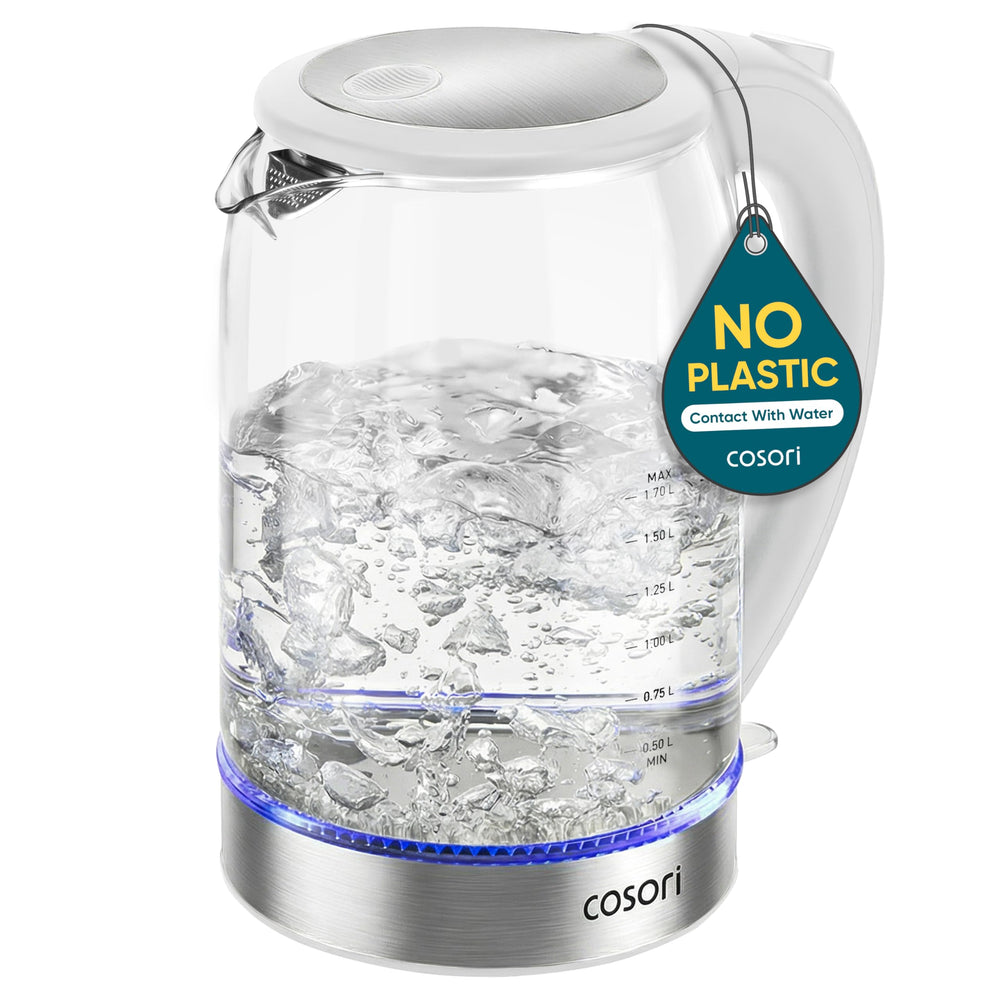 Cosori front view in white showing clean design and fast boiling benefit