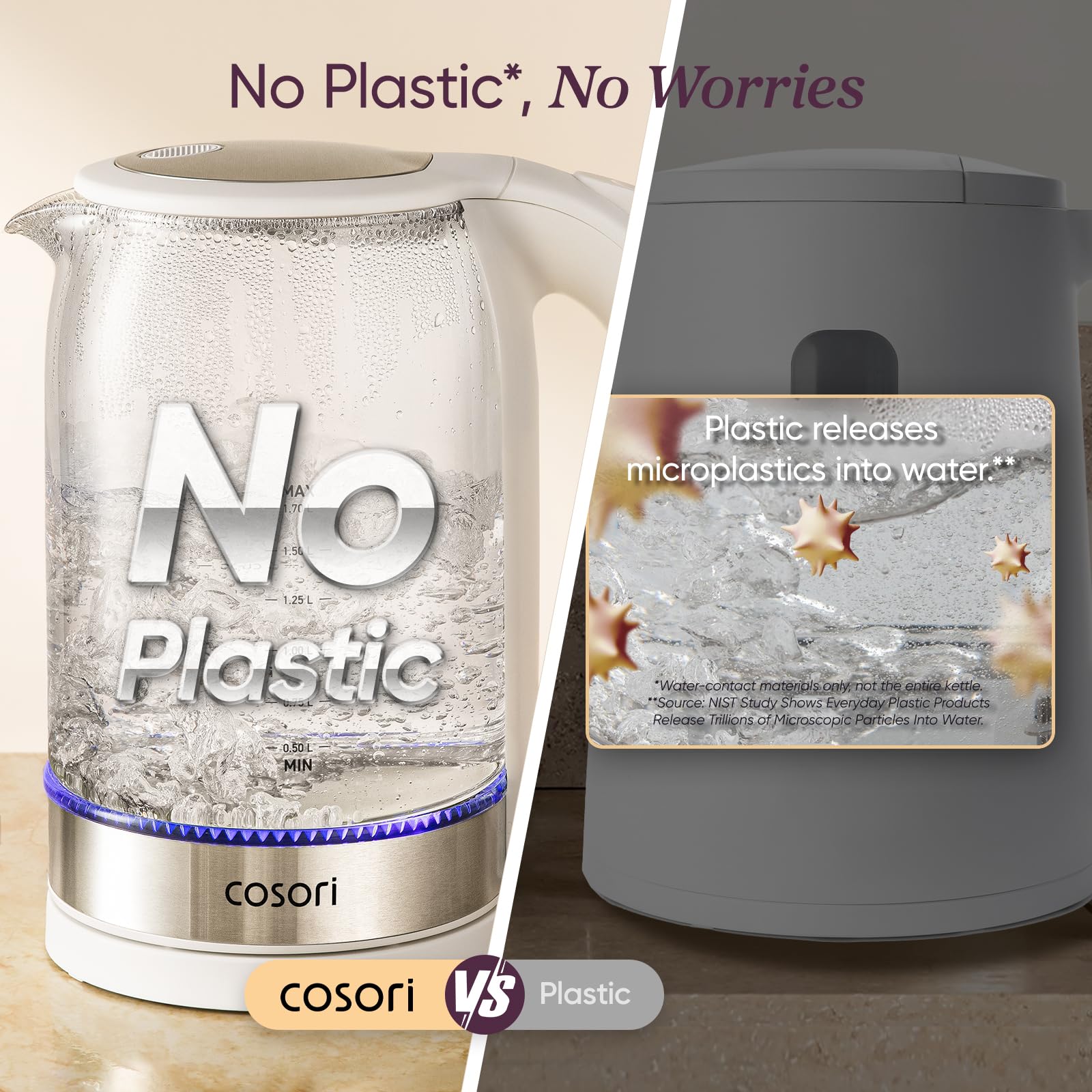 Cosori cool-touch handle image highlighting safe grip and comfortable pouring