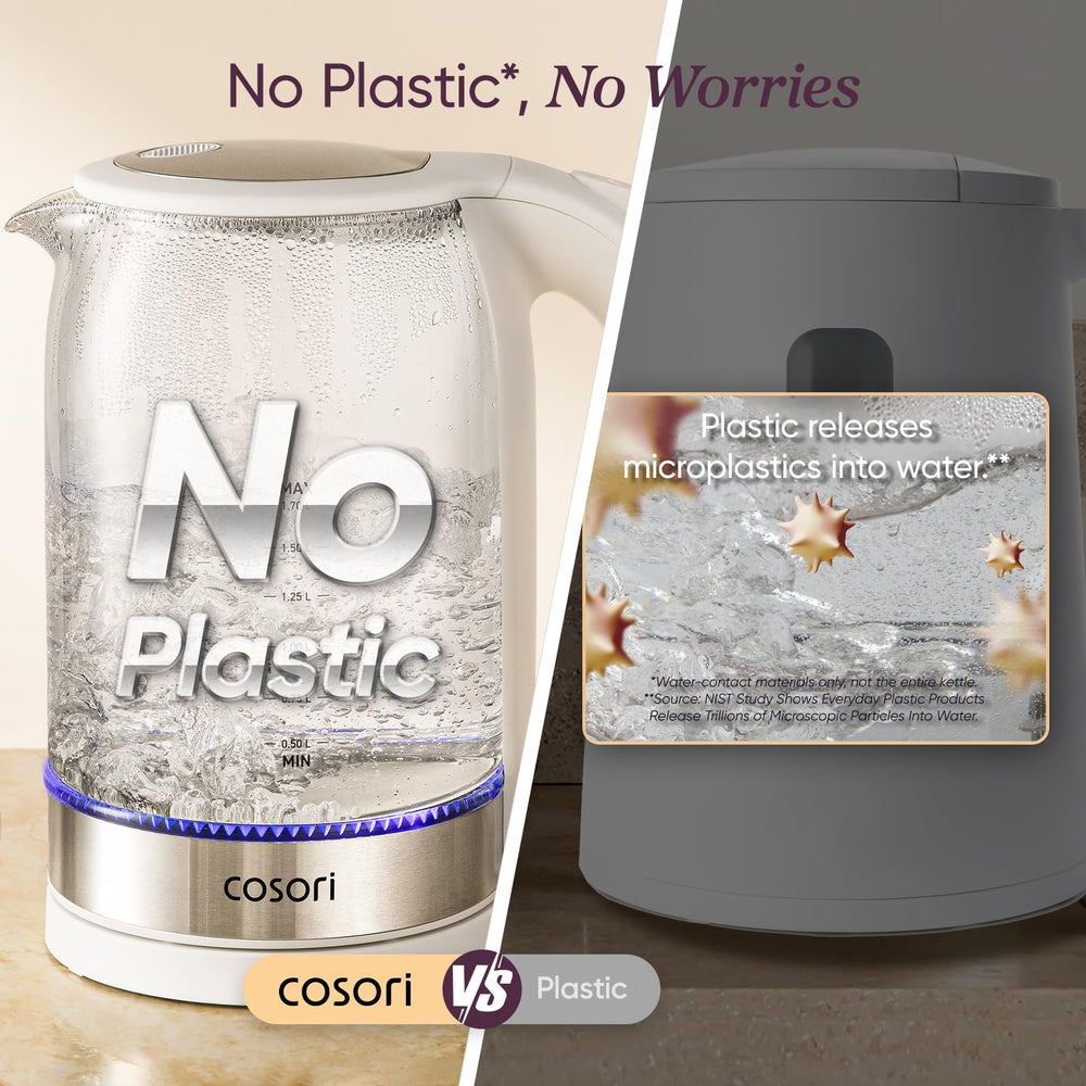 Cosori cool-touch handle image highlighting safe grip and comfortable pouring