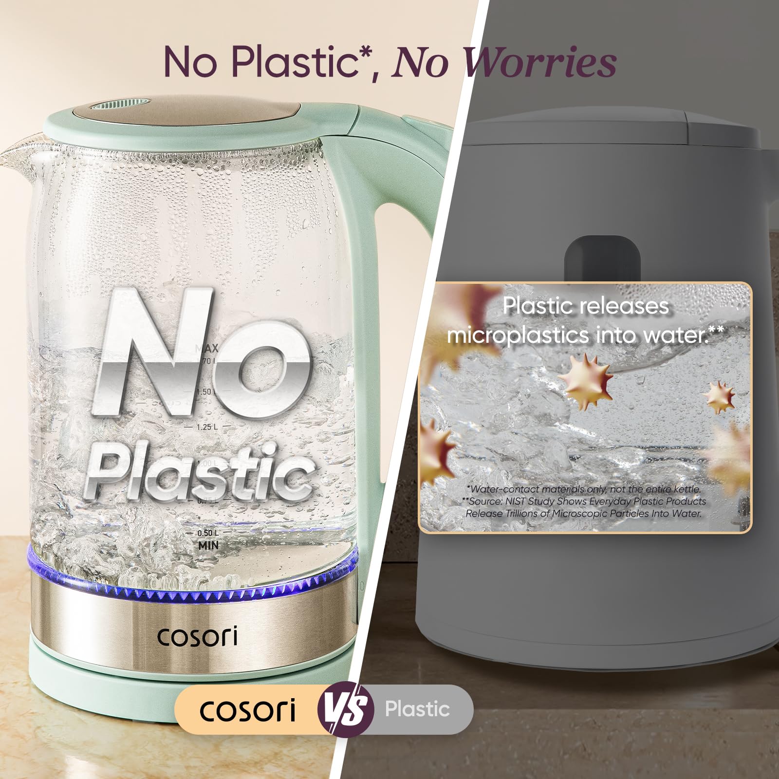 Cosori stainless-steel interior showing no plastic contact for purer taste