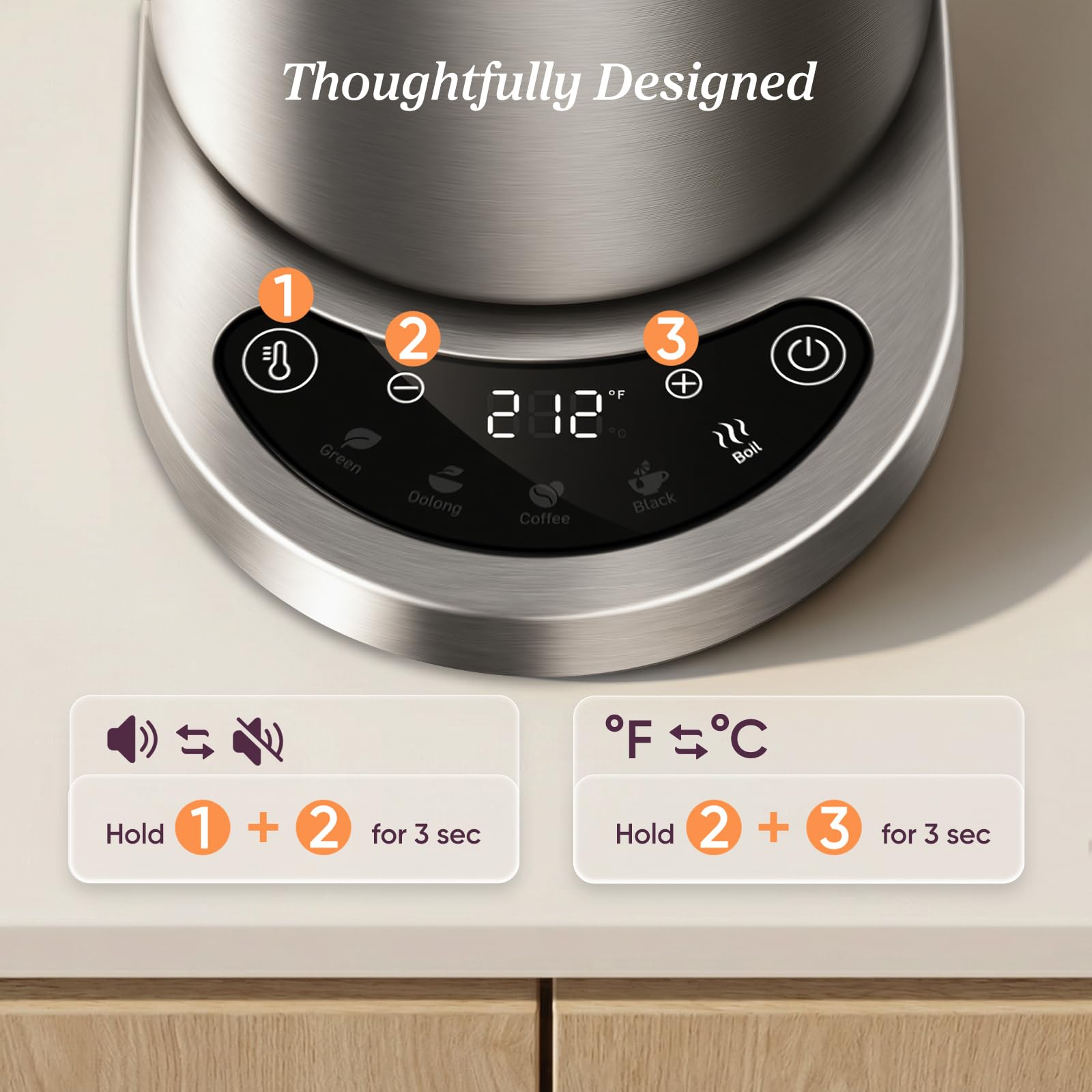Cosori kettle beside mugs showing 1.7L capacity and family-serving benefit