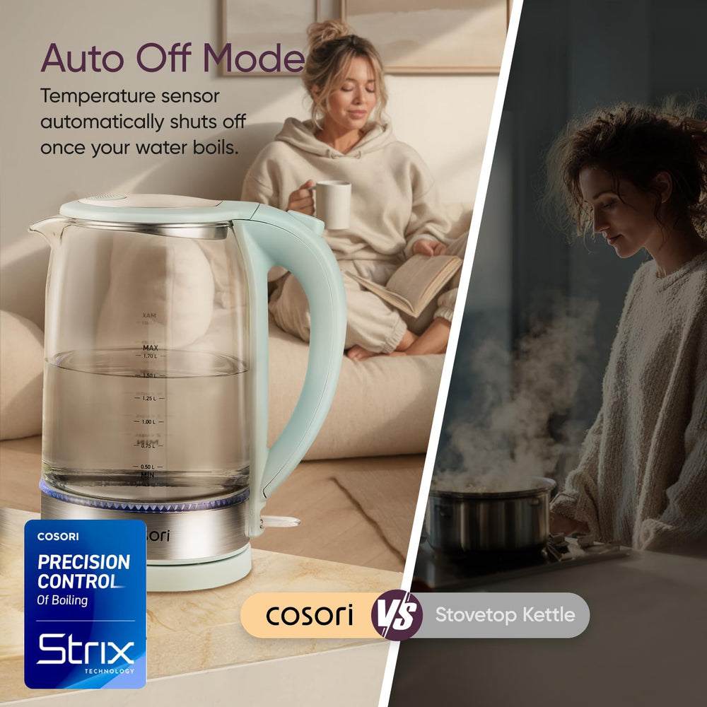Cosori next to a coffee mug showing compact 1.7L capacity and scale