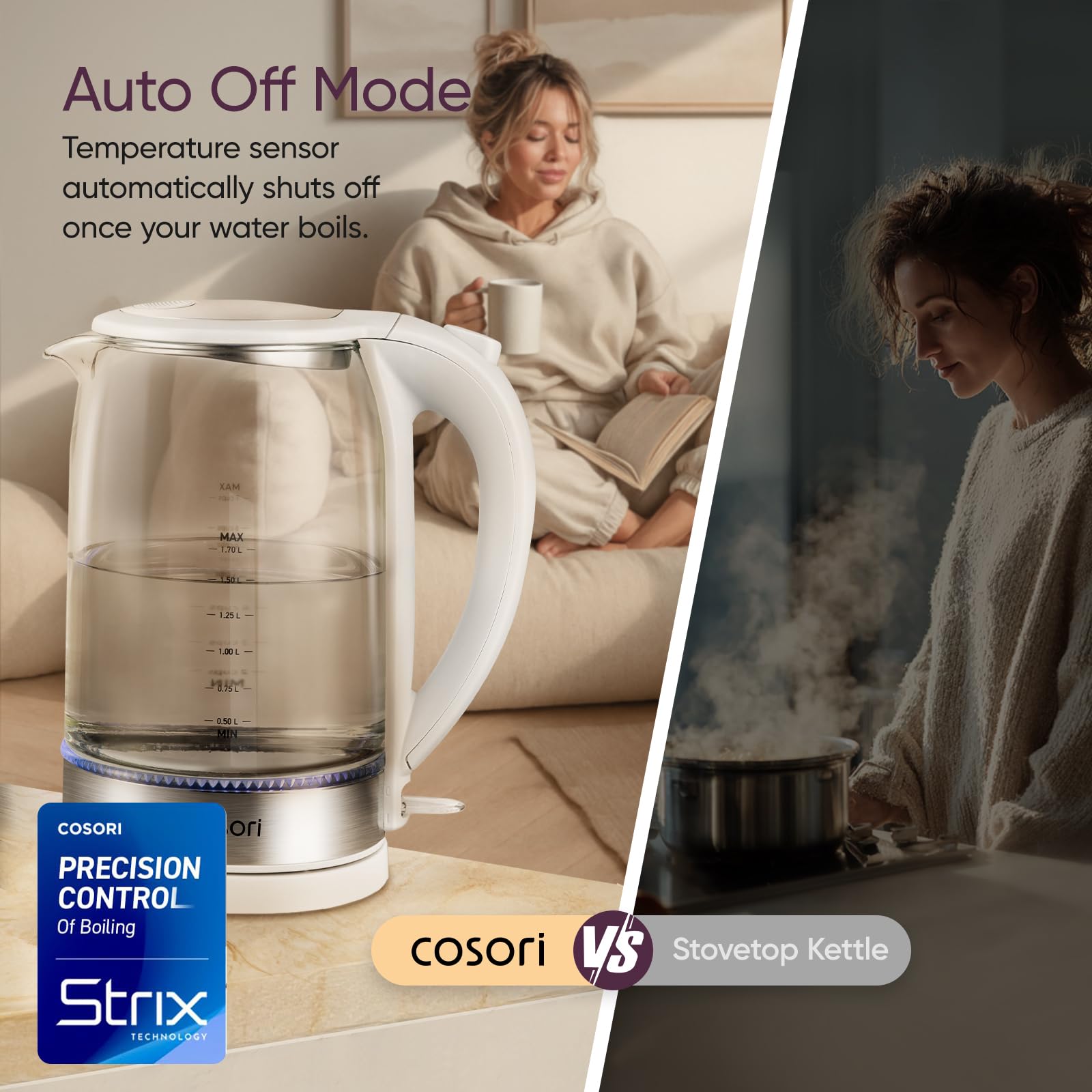 Cosori kettle beside mug for scale showing 1.7L capacity and countertop fit