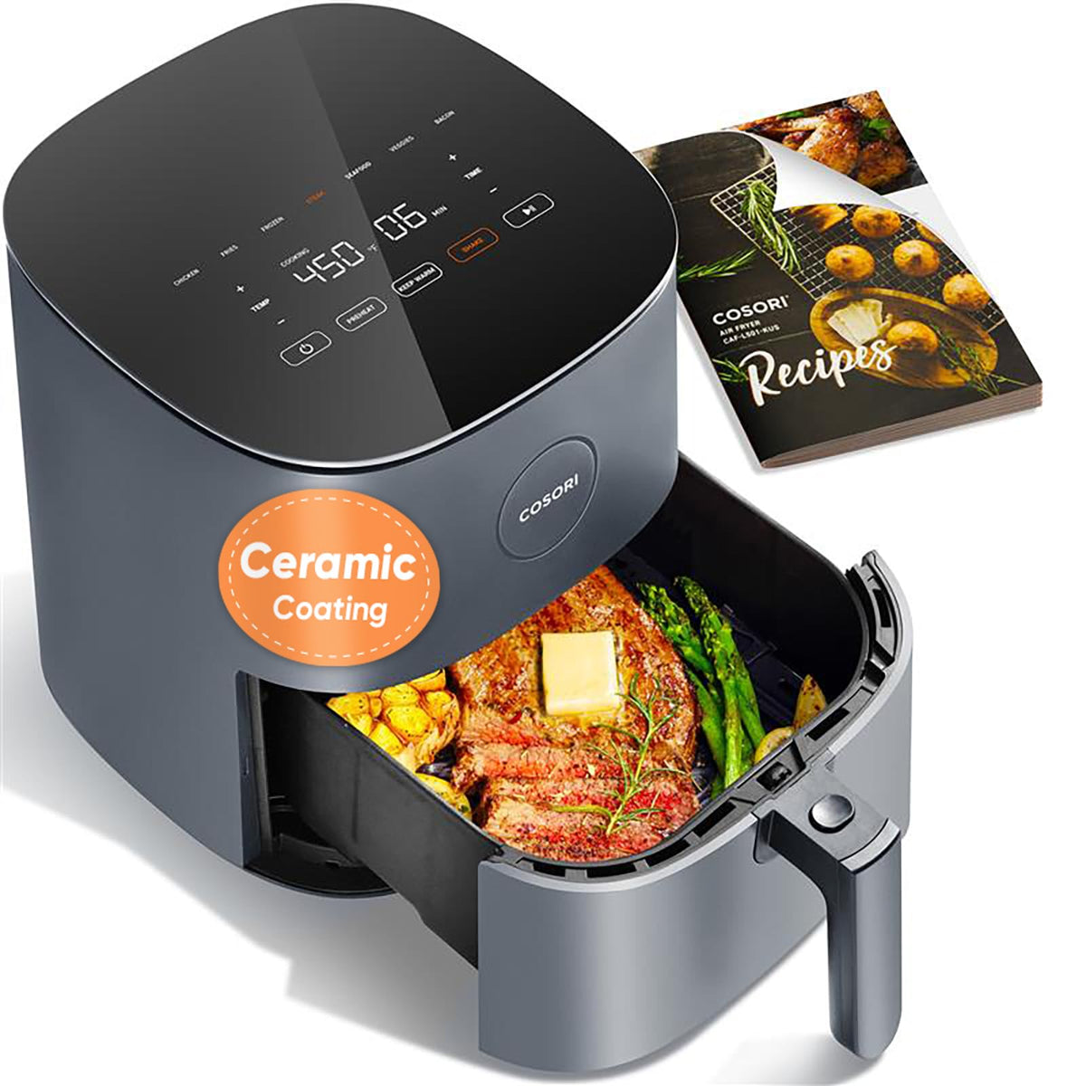 Cosori front view grey showing compact design and roomy basket for quick meals