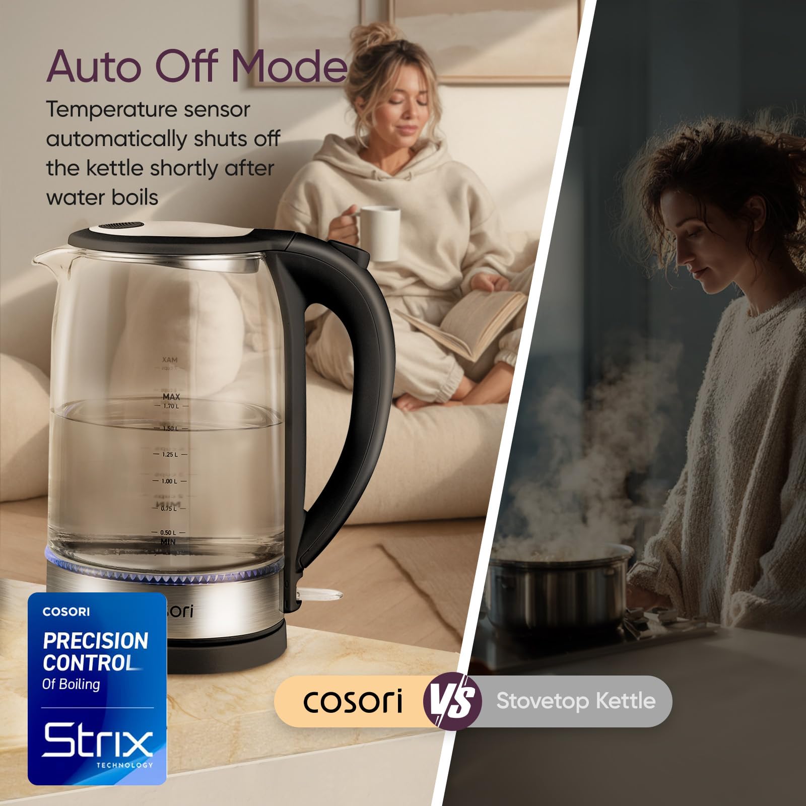 Cosori kettle beside cup for scale and quick-serving convenience