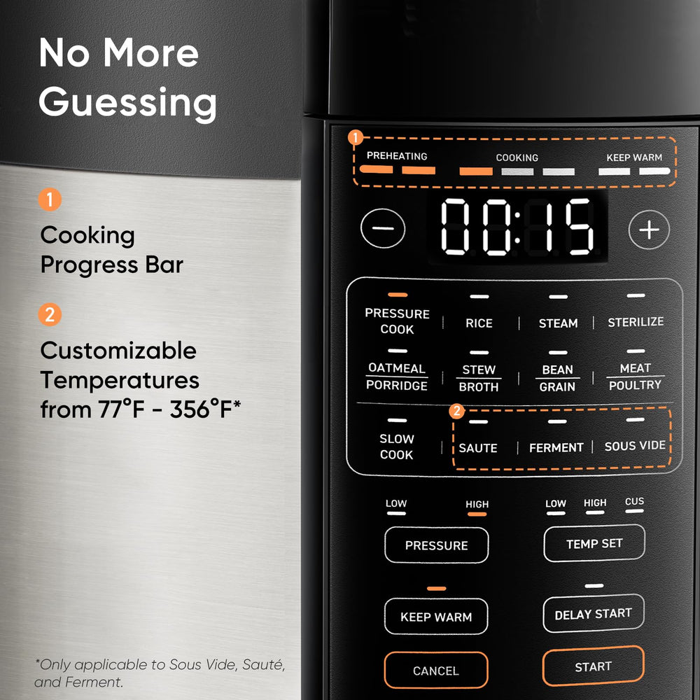 Cosori cooker next to fruits for scale illustrating its 6-quart family-friendly size