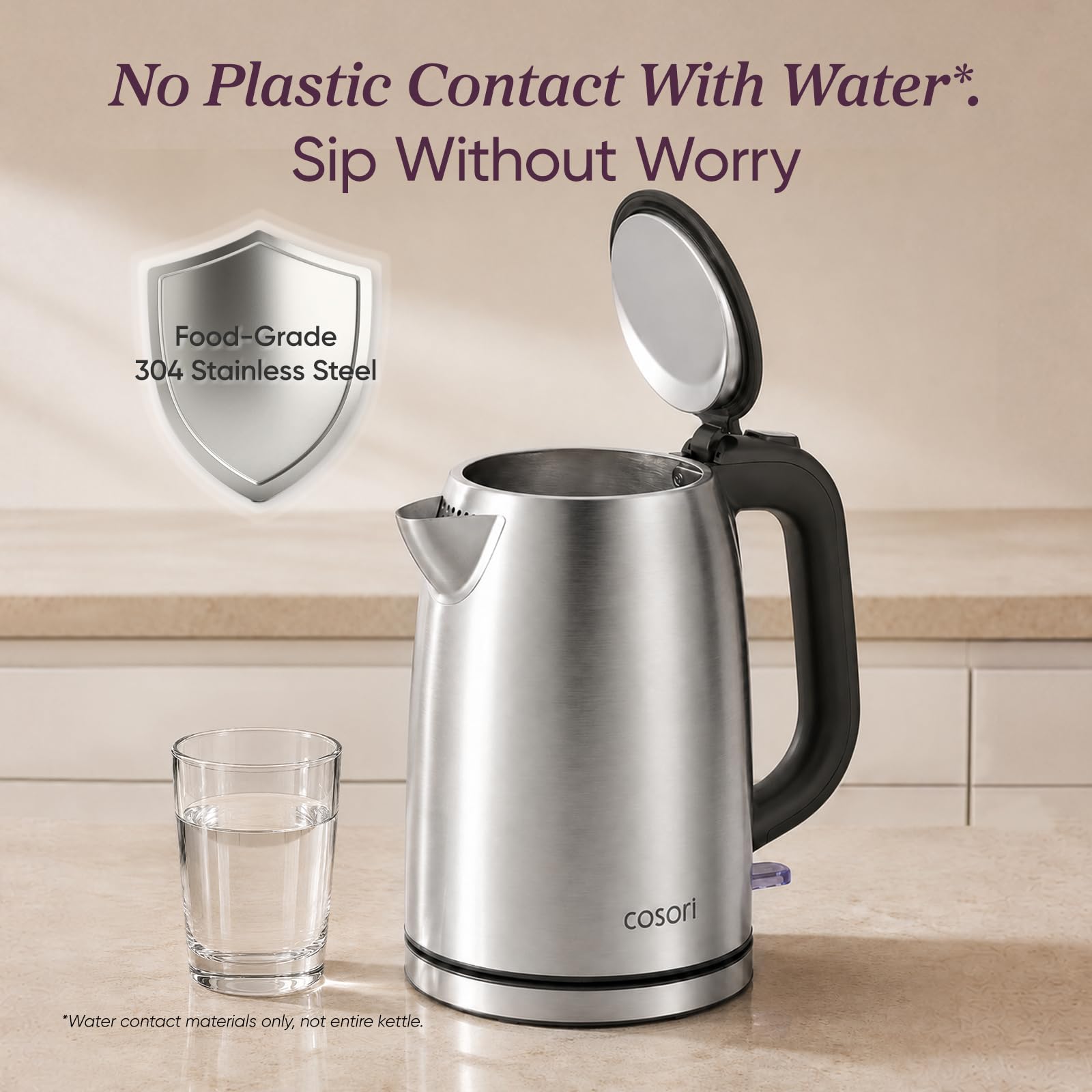 Cosori spout and stainless steel filter close-up demonstrating plastic-free water contact