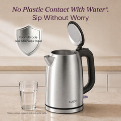 Cosori spout and stainless steel filter close-up demonstrating plastic-free water contact