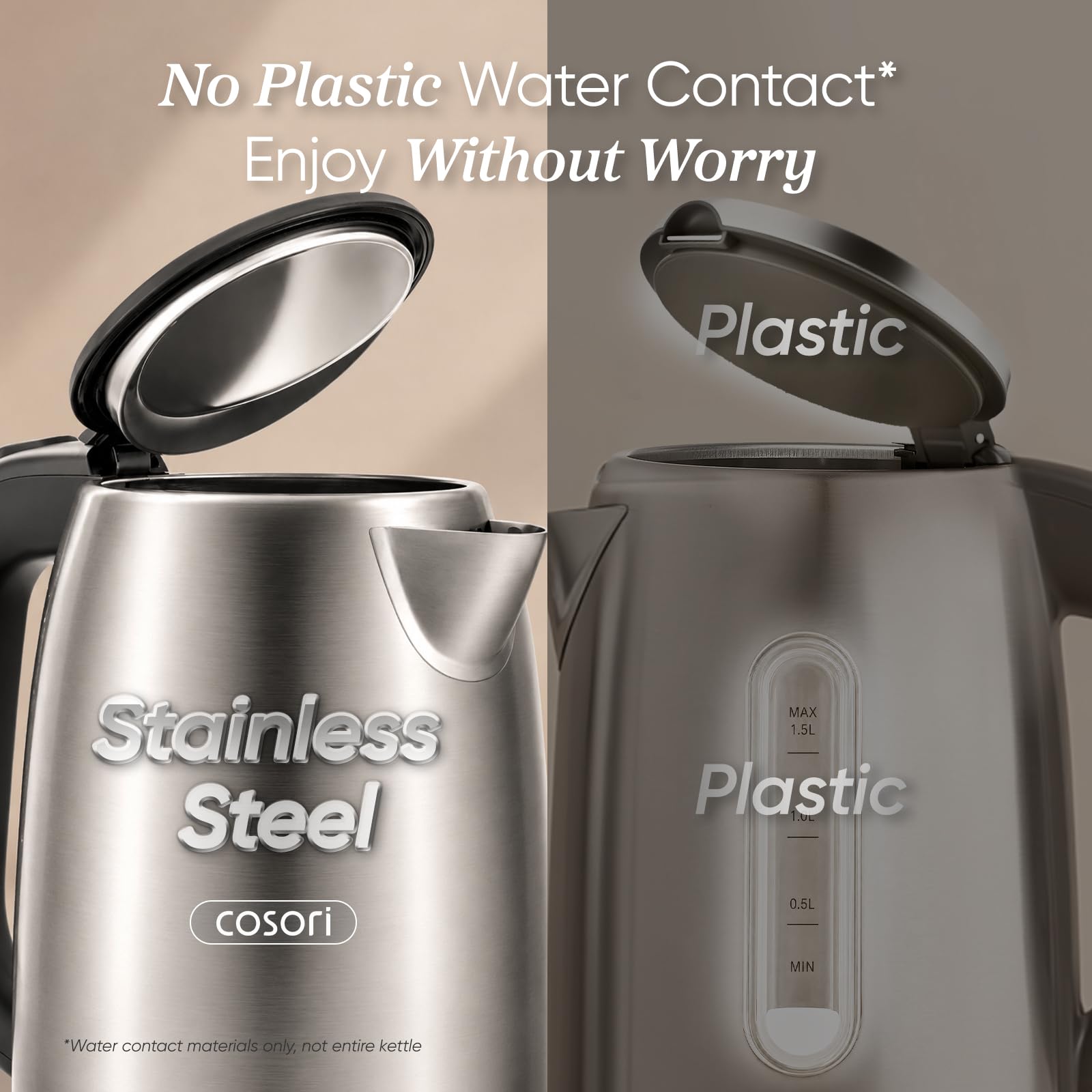 Cosori internal water level markings close-up for precise filling and no external plastic