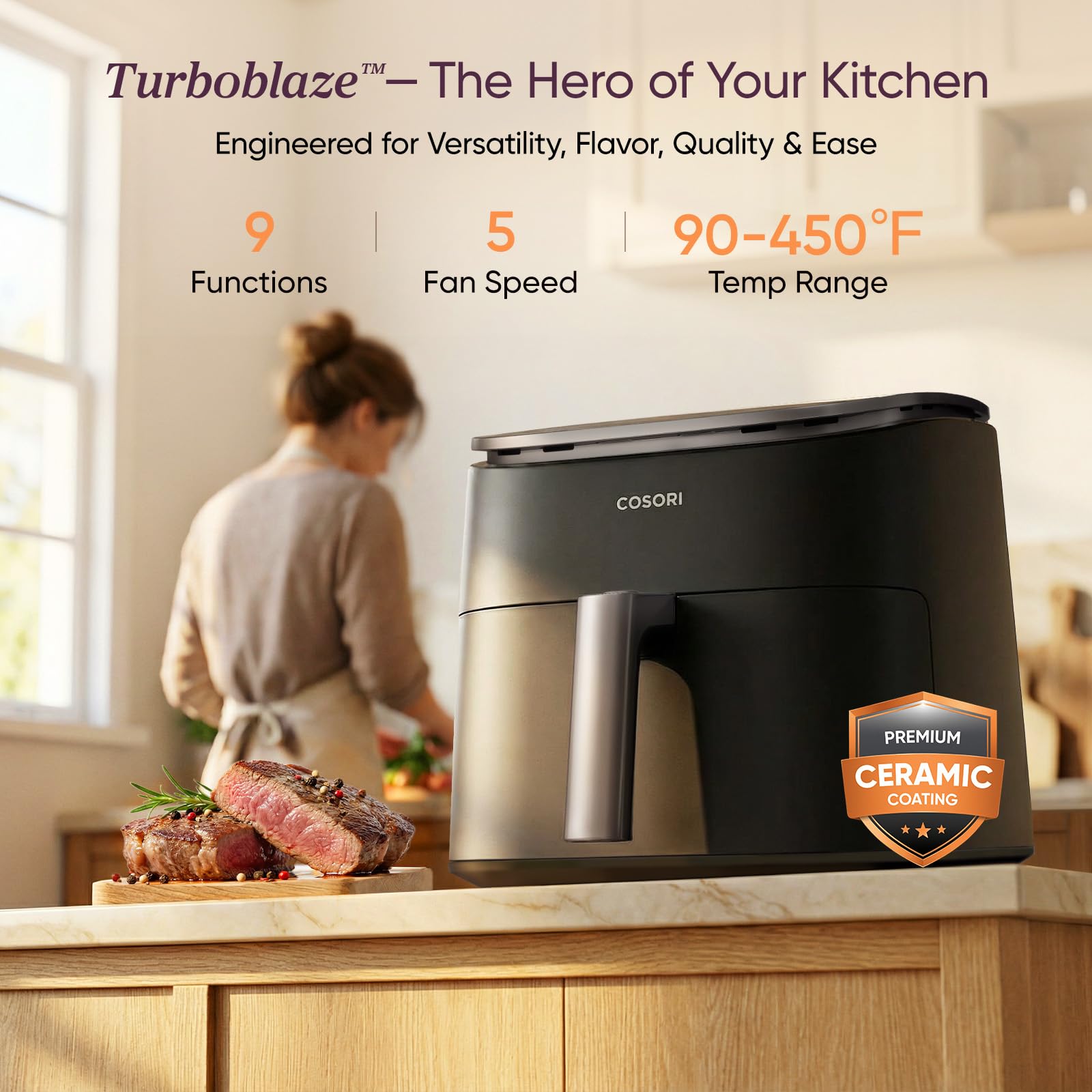Cosori TurboBlaze basket detail highlighting PFAS‑free ceramic coating for healthier nonstick cleanup