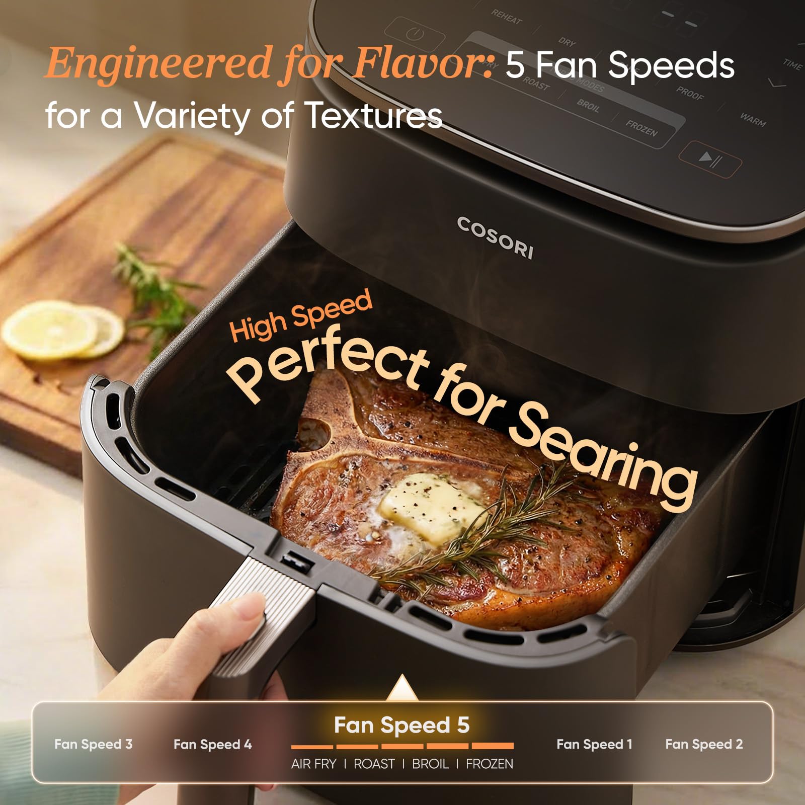Cosori TurboBlaze control panel closeup displaying 9‑in‑1 presets and customizable preheat feature