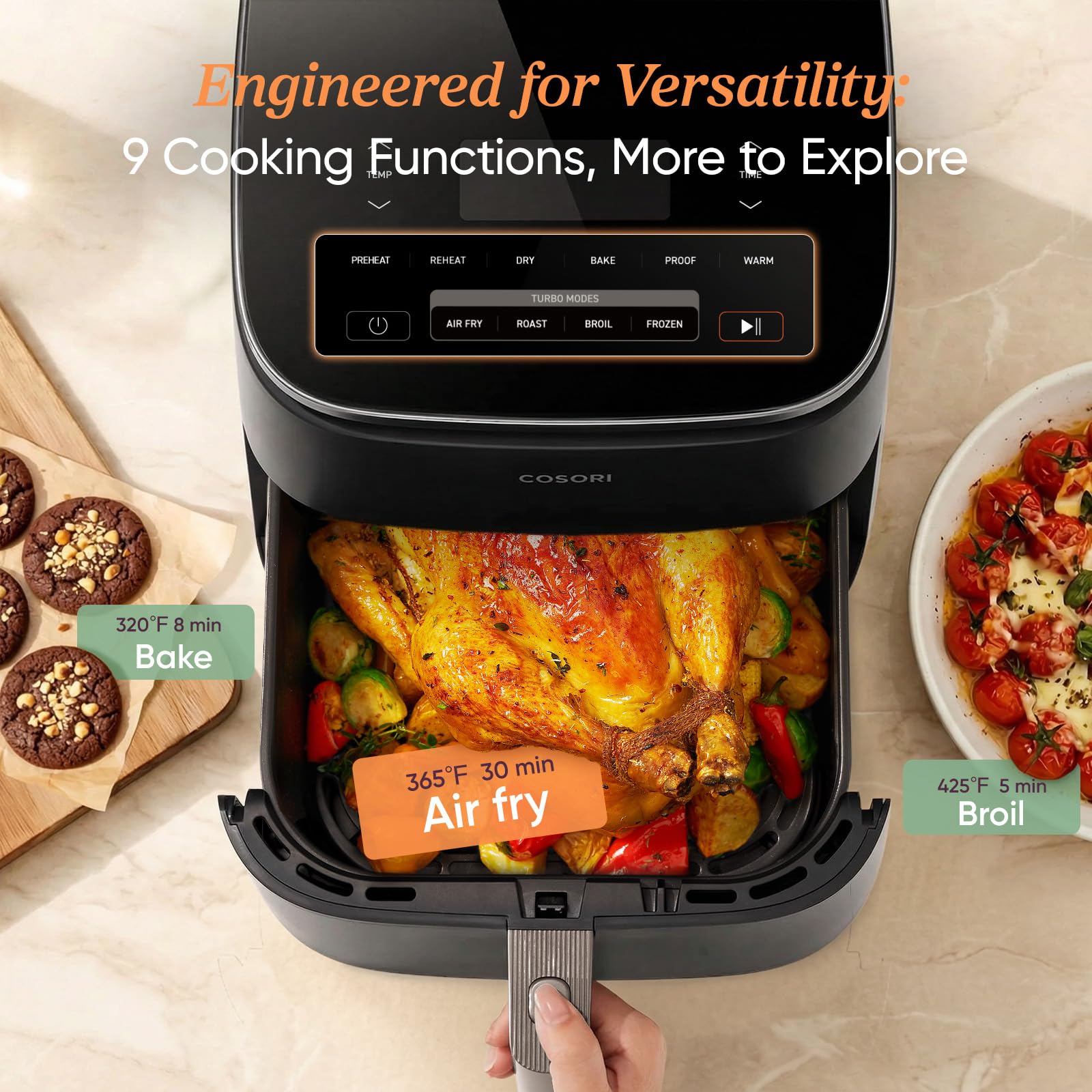 Cosori TurboBlaze crisper plate closeup showing textured surface for extra crisp and airflow