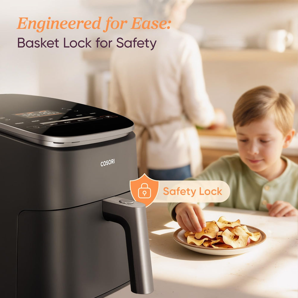 Cosori TurboBlaze removable parts in dishwasher illustrating easy cleanup and safe maintenance