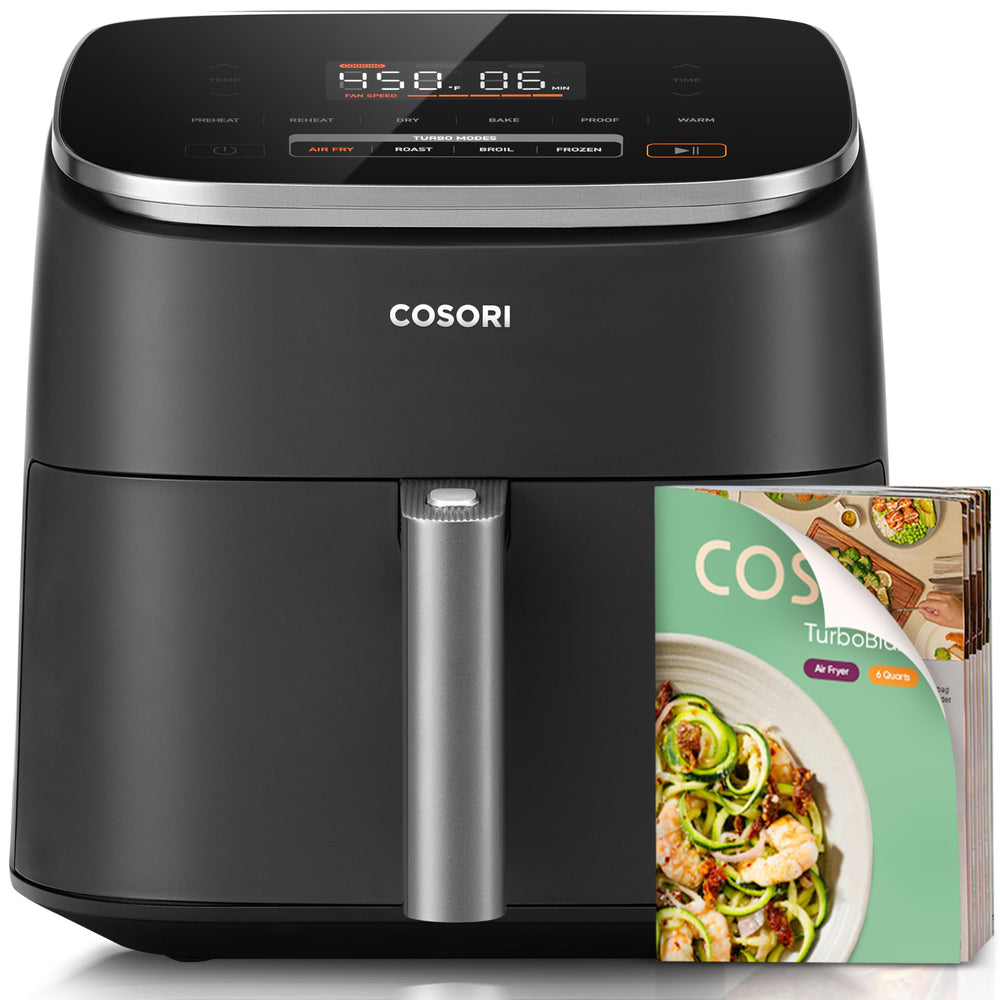 Cosori TurboBlaze front view showing compact 6‑quart design and controls, easy countertop fit