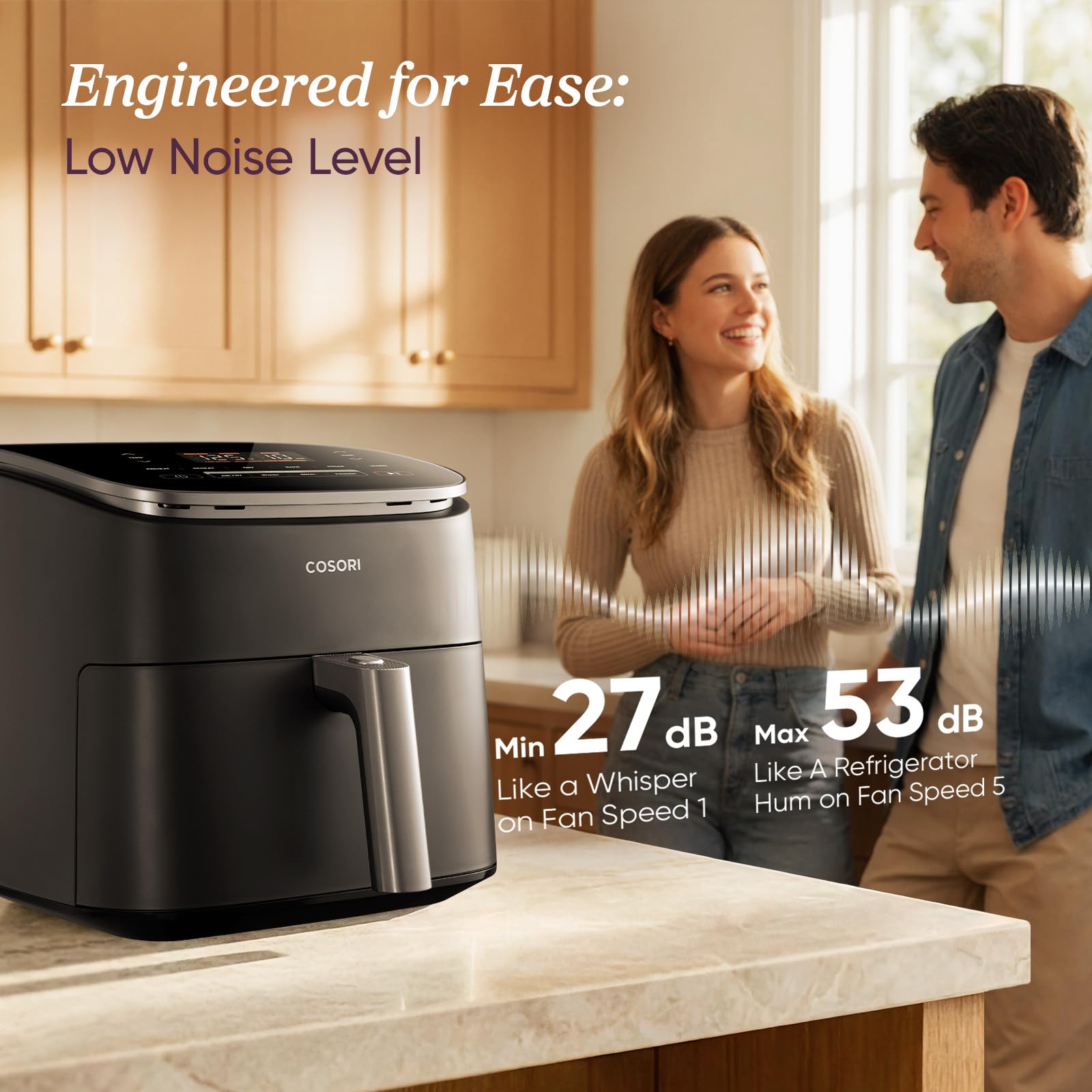 Cosori TurboBlaze in a modern kitchen scene showing quiet operation and family meal prepping