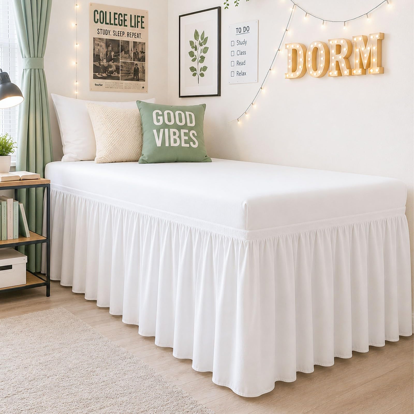 Cottington Lane front view showing tidy white Twin XL bed skirt and polished look