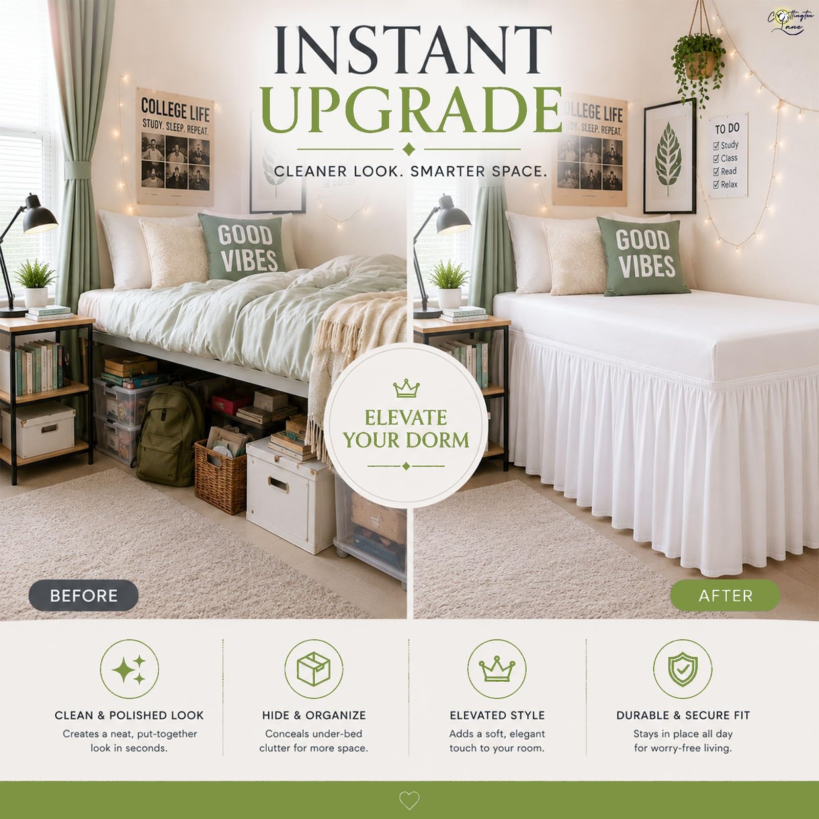 Cottington Lane ruffle detail highlighting elegant texture and dorm-style upgrade
